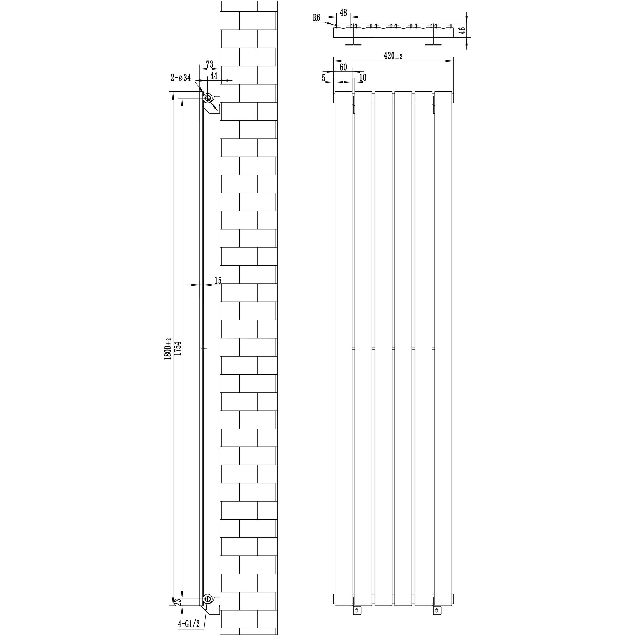 Voir la diapositive 5 : MONSTERSHOP Radiateur plat à 1 panneau & vannes - 1800 x 420 mm
