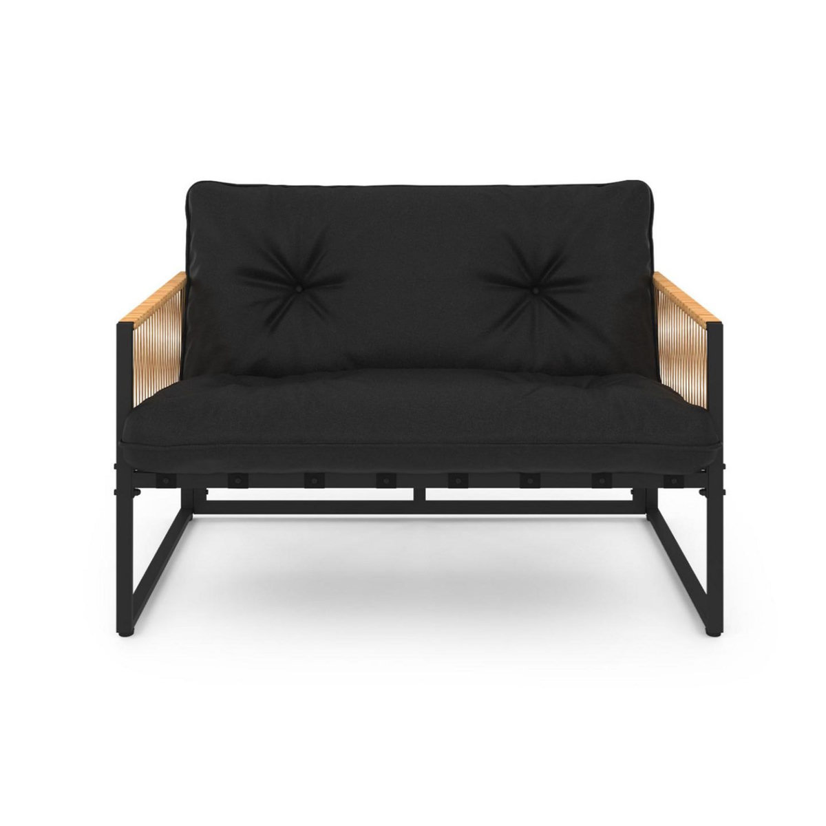 ID MARKET Salon de jardin bas RIO 4 places structure métal noir, cordage effet rotin clair et coussins noir