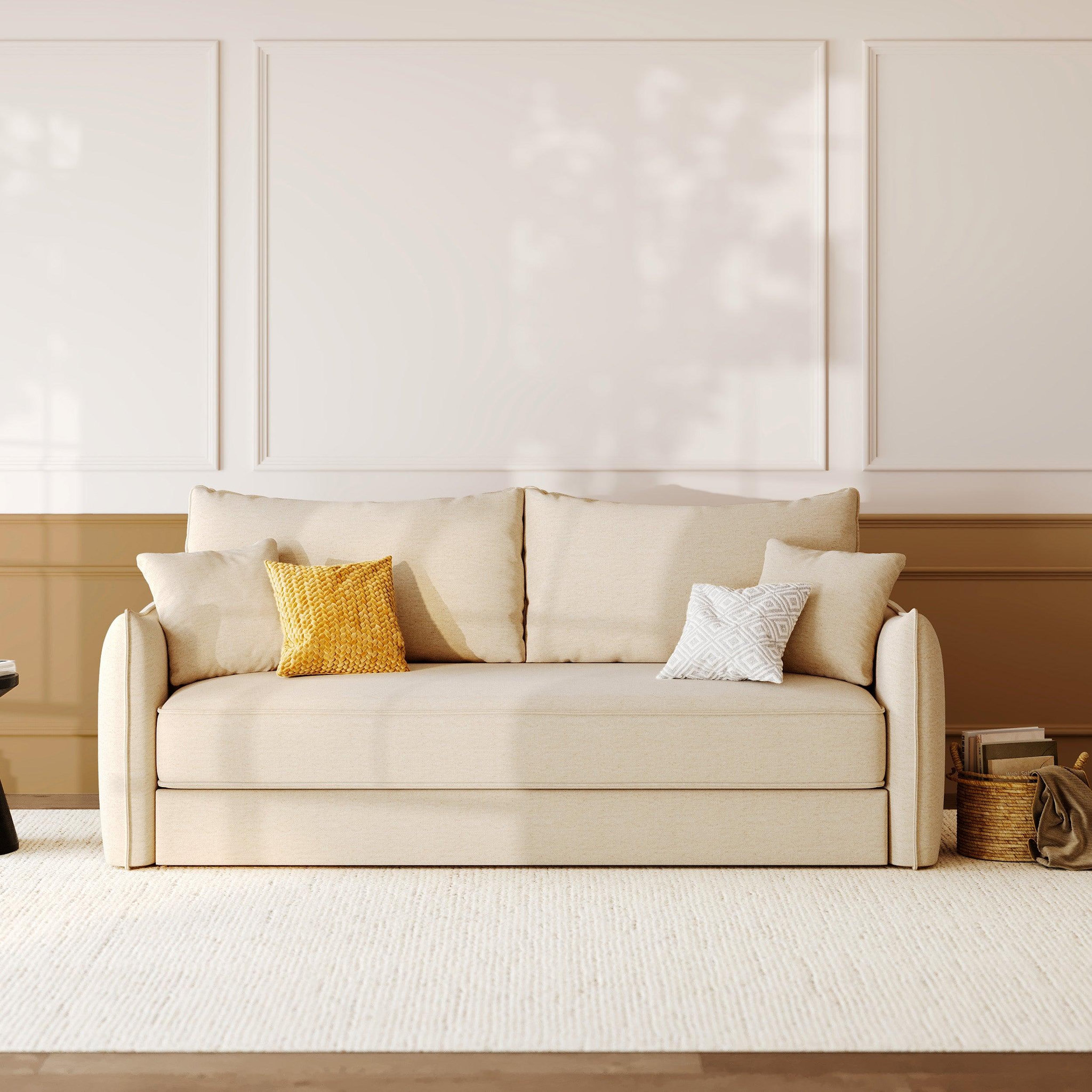Voir la diapositive 2 : MAISON PAVANE Canapé convertible 3 places en tissu effet lin blanc cassé-céleste