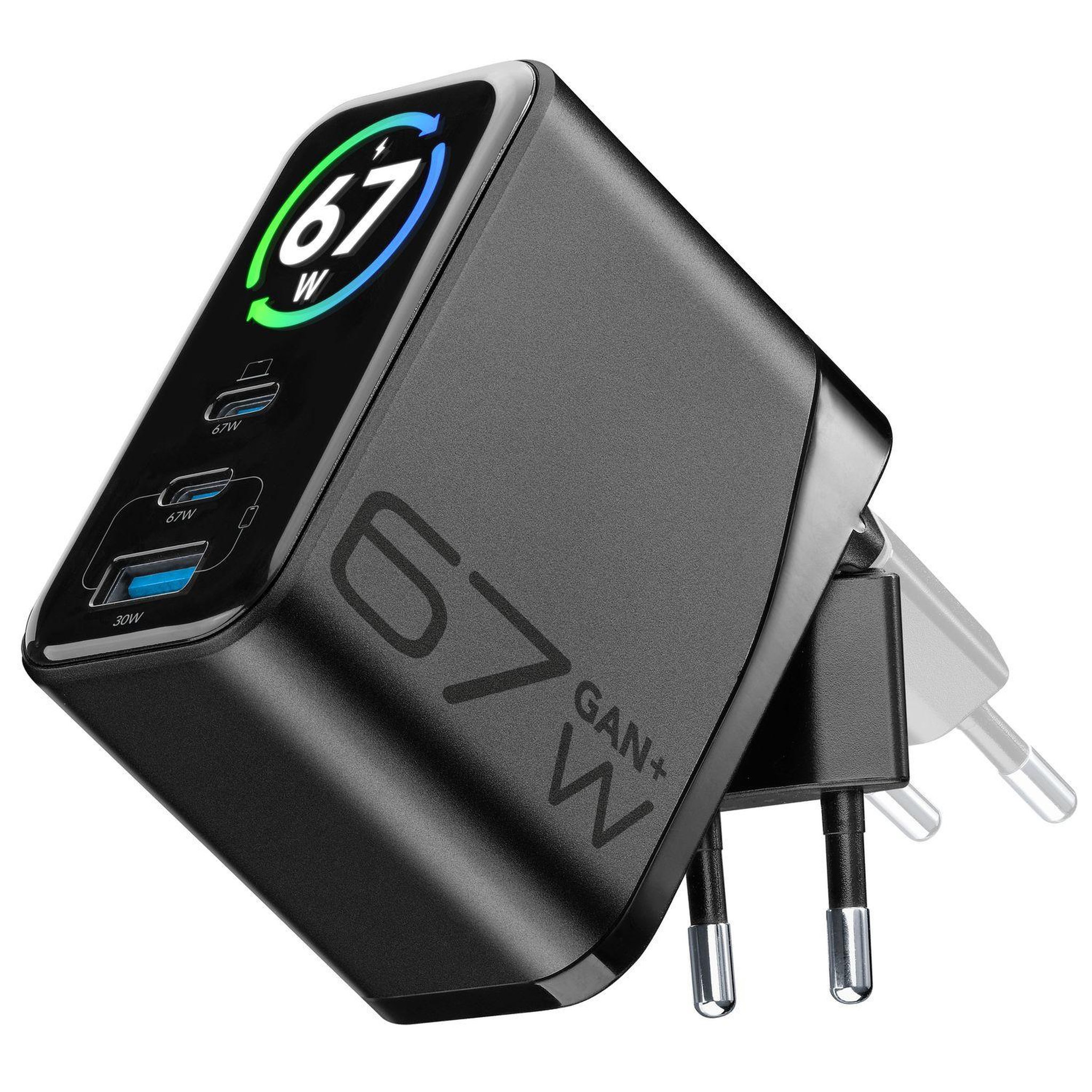 CELLULAR LINE Cellularline powerview iq ach 67w chargeur secteur 67w avec écran tft intelligent, fiche pliable et technologie gan+. Équipé de 2 ports usb-c et 1 port usb-a pour une recharge simultanée.