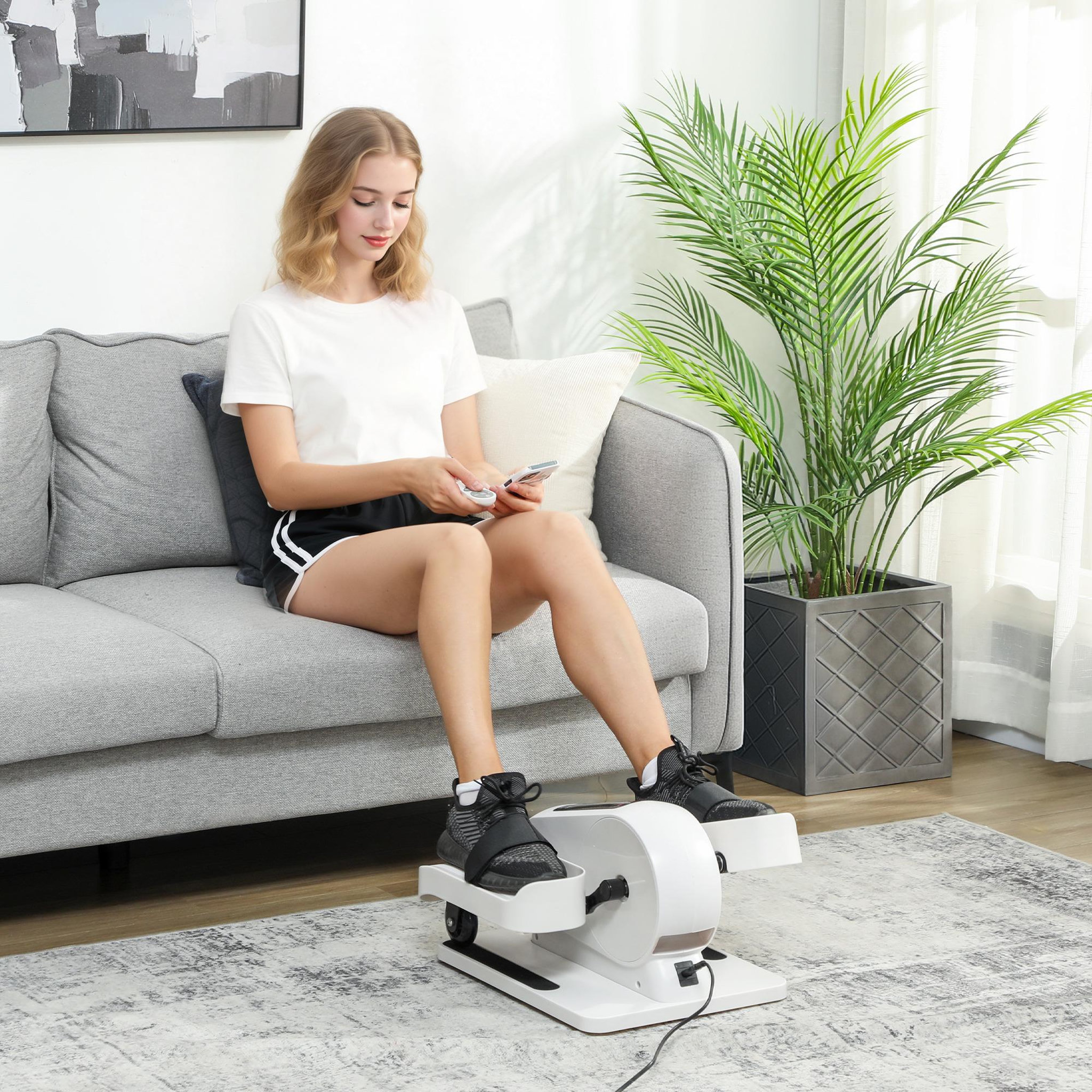 Voir la diapositive 2 : HOMCOM Mini vélo elliptique électrique - résistance réglable, compteur lcd - télécommande - noir blanc