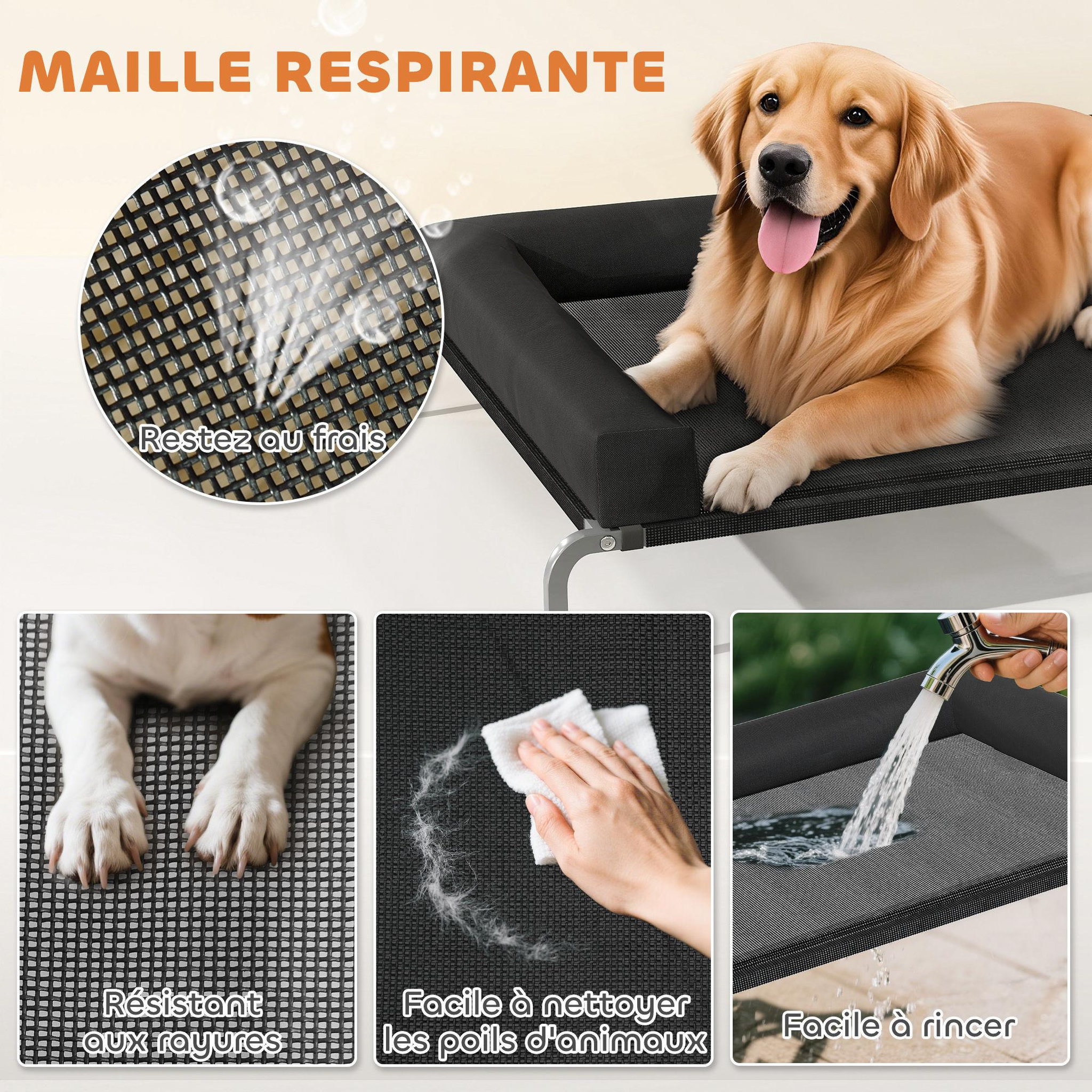 Voir la diapositive 6 : PAWHUT Transat pour animaux - lit pour chien - lit à pieds pour chien avec contour coussin dim. 130 x 90 x 30 cm - noir