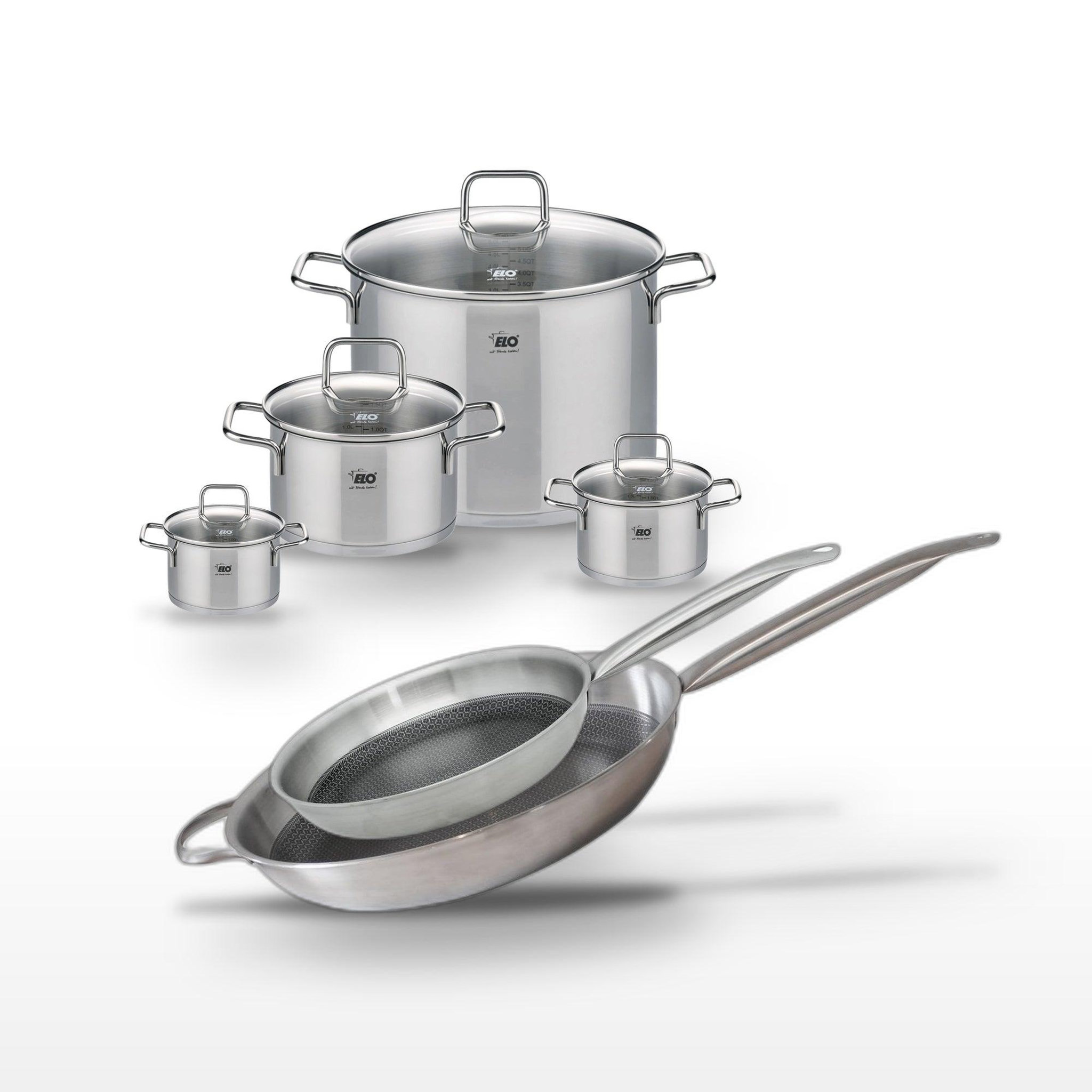 ELO Batterie de cuisine poêles 28 cm/32 cm et faitouts 12/14 cm et 20/26 cm en inox elo collection relief solution citrin