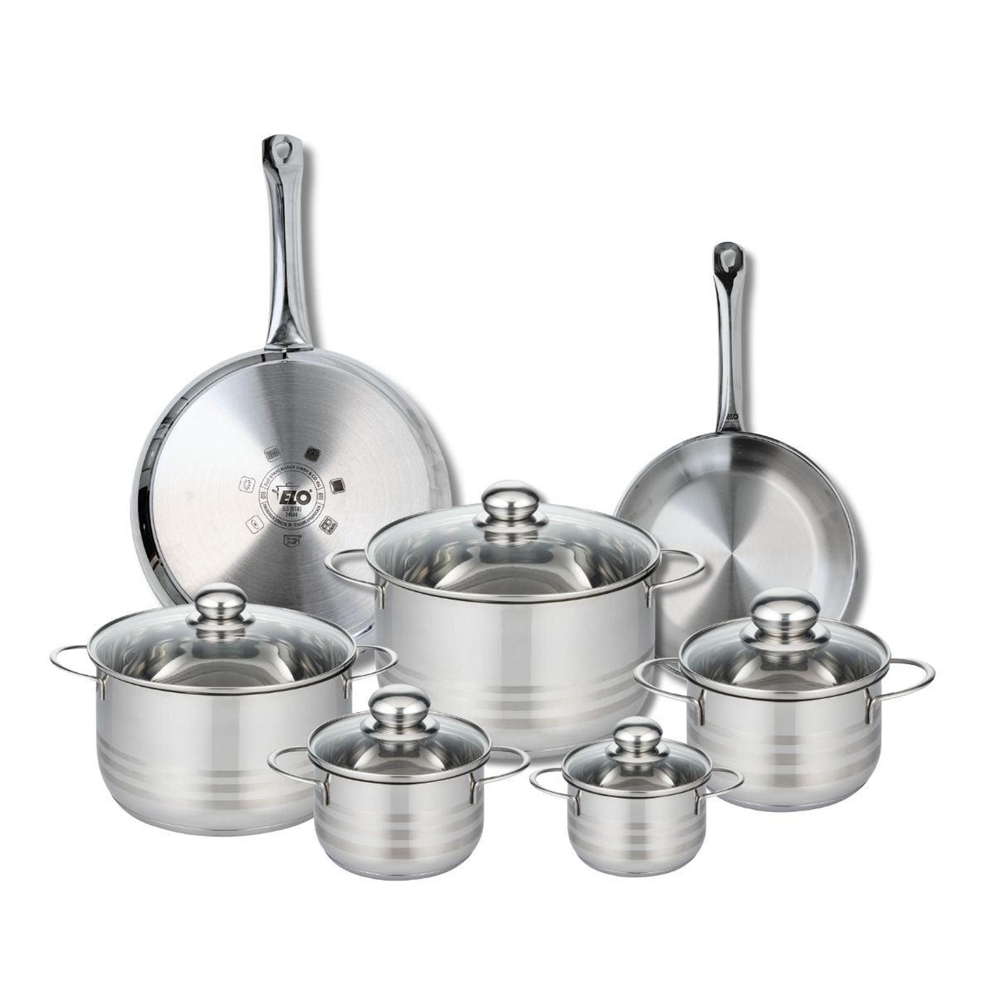ELO Ensemble de 2 poêles de cuisson 24 et 28 cm et 5 faitouts 12, 14, 16, 20 et 24 cm elo profi brillant