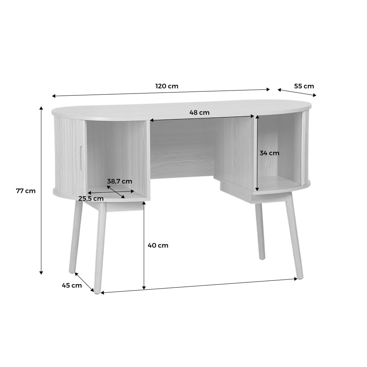 SWEEEK Bureau ovale effet bois rainuré avec deux espaces de rangement. L 120 x P 55 x H 77 cm
