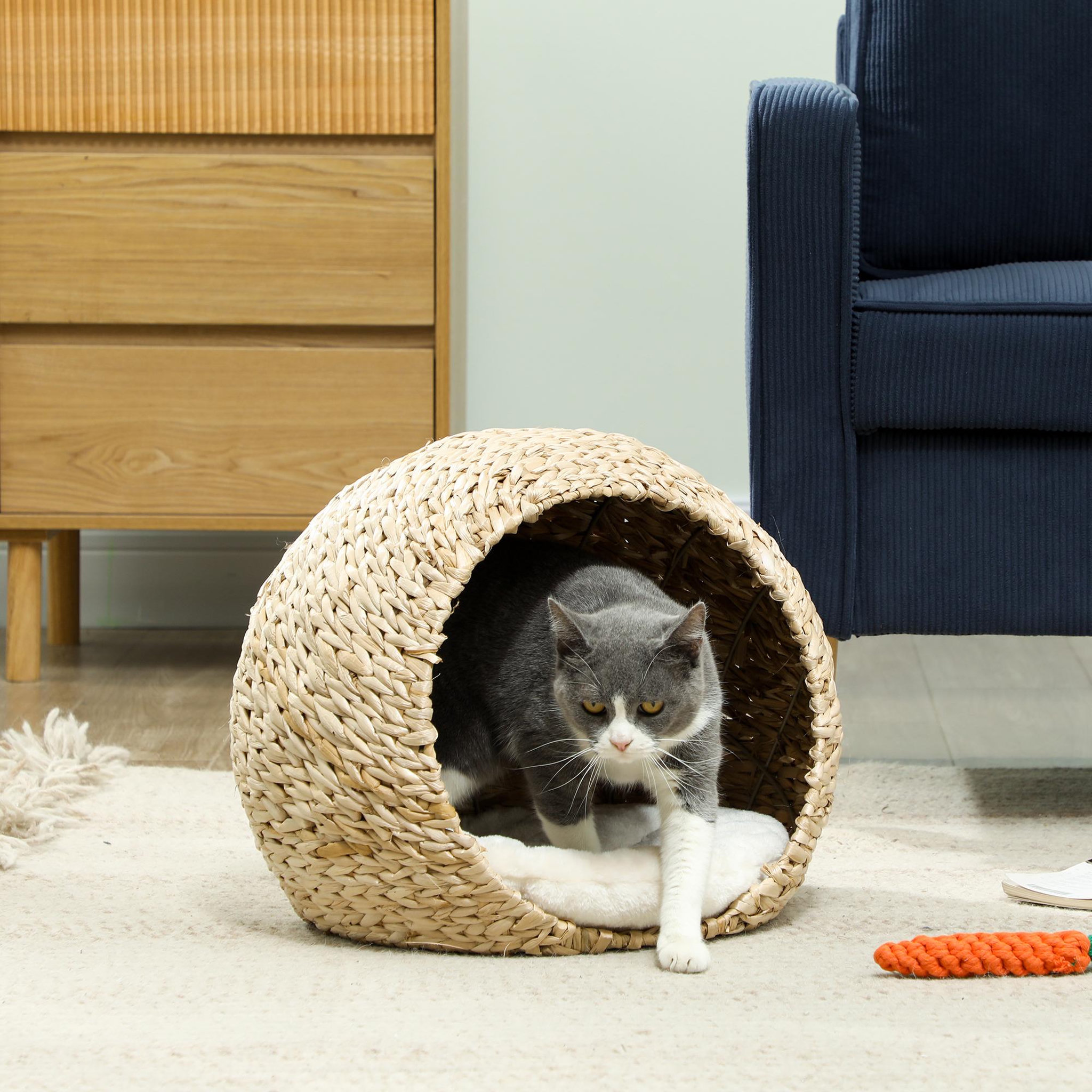 Voir la diapositive 2 : PAWHUT Panier chat style cosy chic quenouille naturelle tressée avec coussin crème
