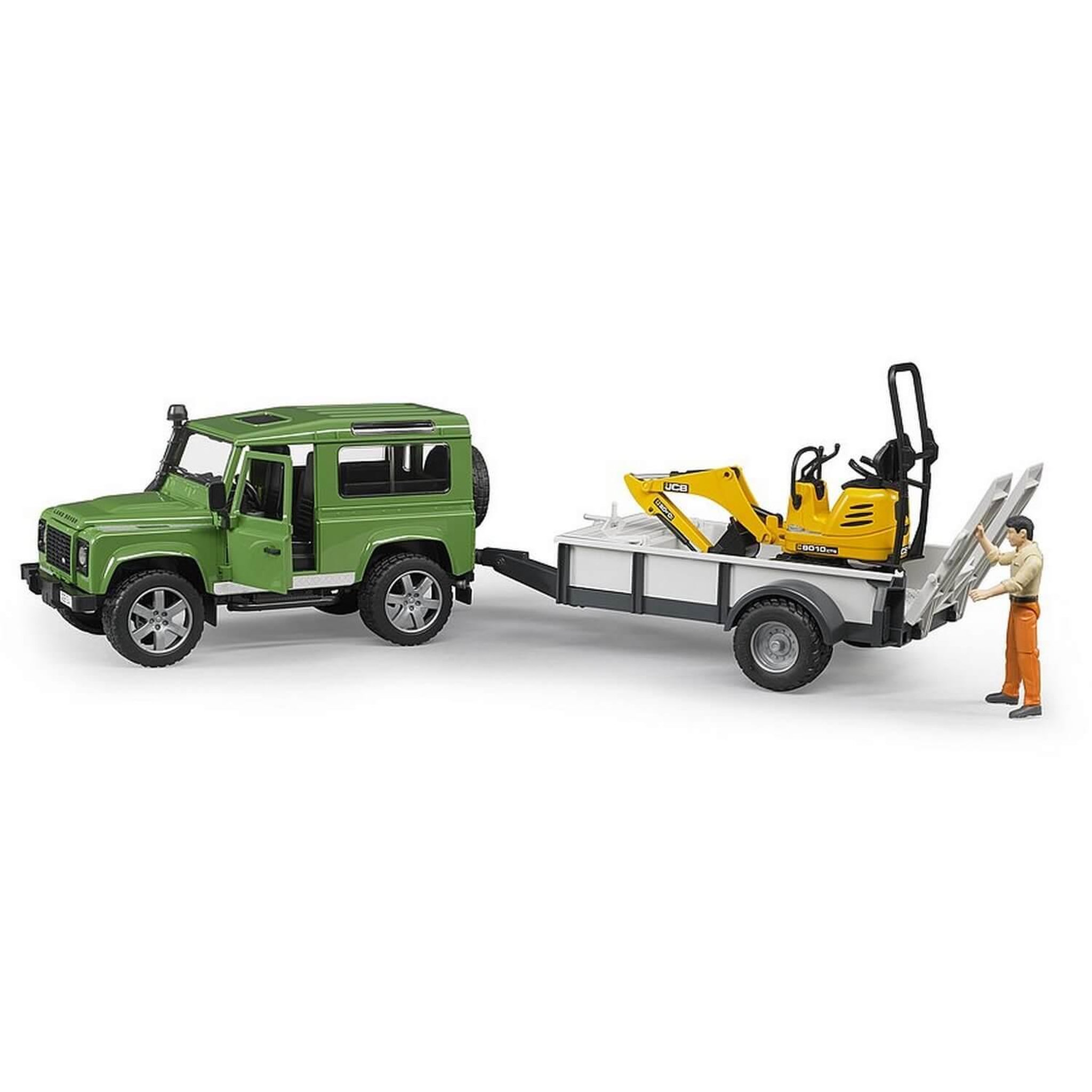 Voir la diapositive 2 : Bruder Land rover Defender avec remorque, JBC micro-pelleteuse et figurine