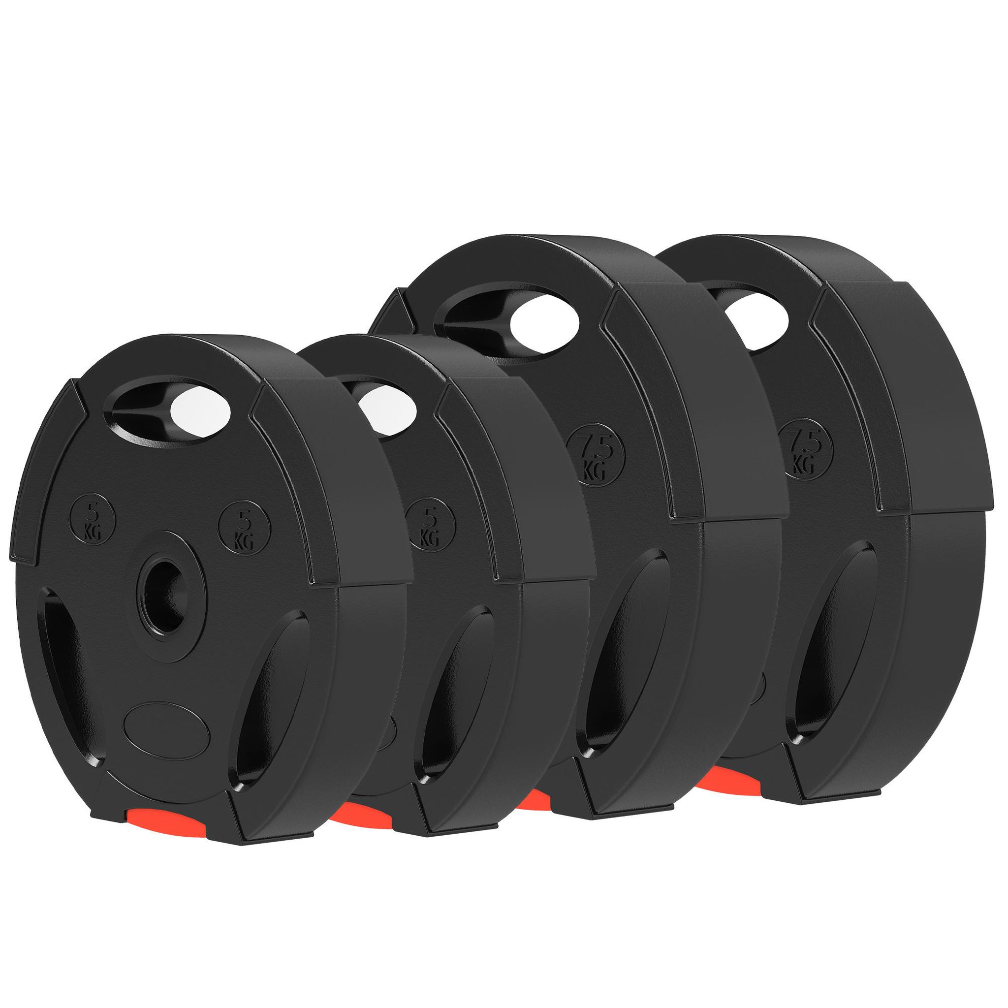 Voir la diapositive 5 : HOMCOM Disques de poids 2 x 5kg + 2 x 7,5kg - 3 poignées - trous de ø25 mm - revêtement pp noir