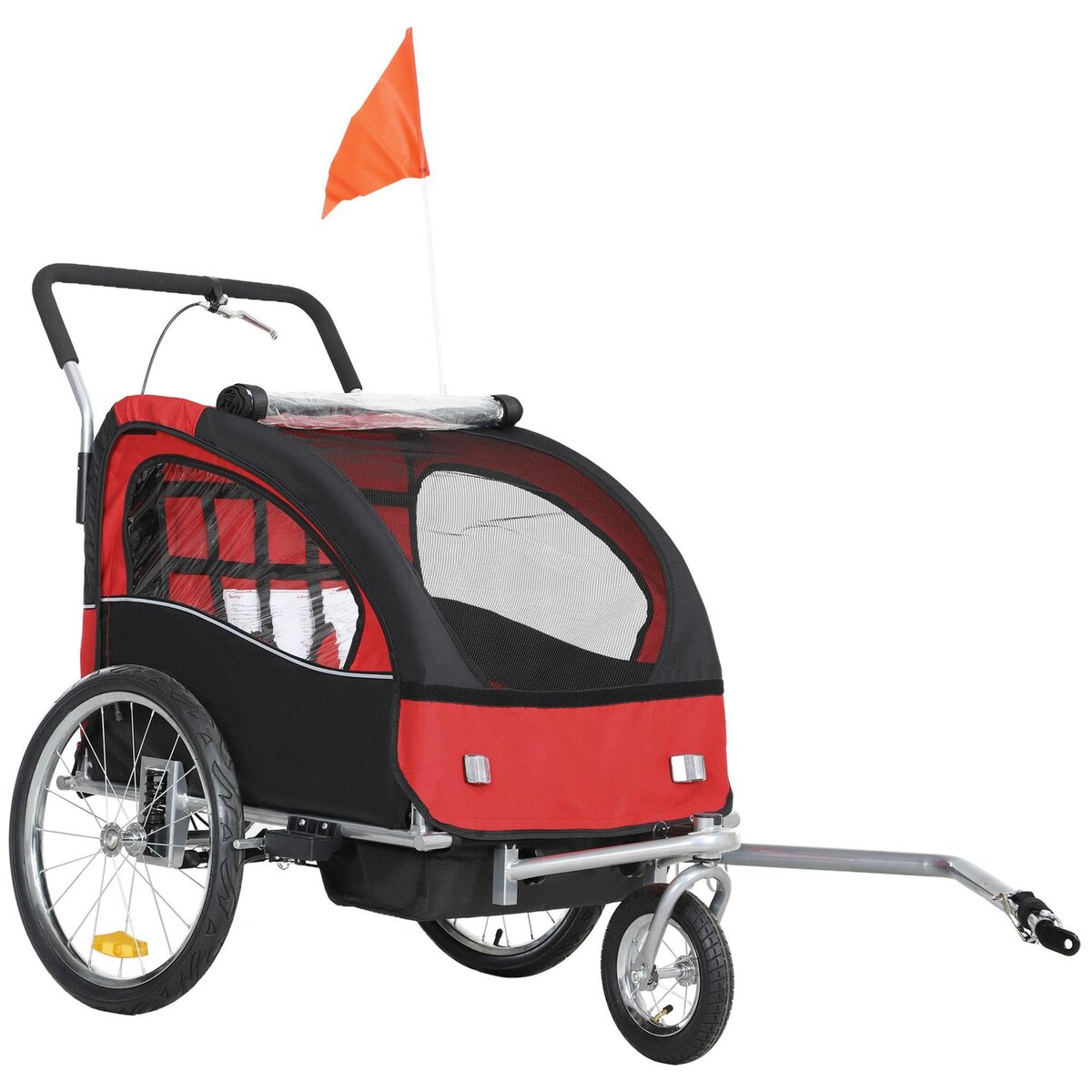 HOMCOM Remorque vélo jogger 2 en 1 enfant drapeau roue avant pivotante réflecteurs barre d'attelage inclus noir rouge