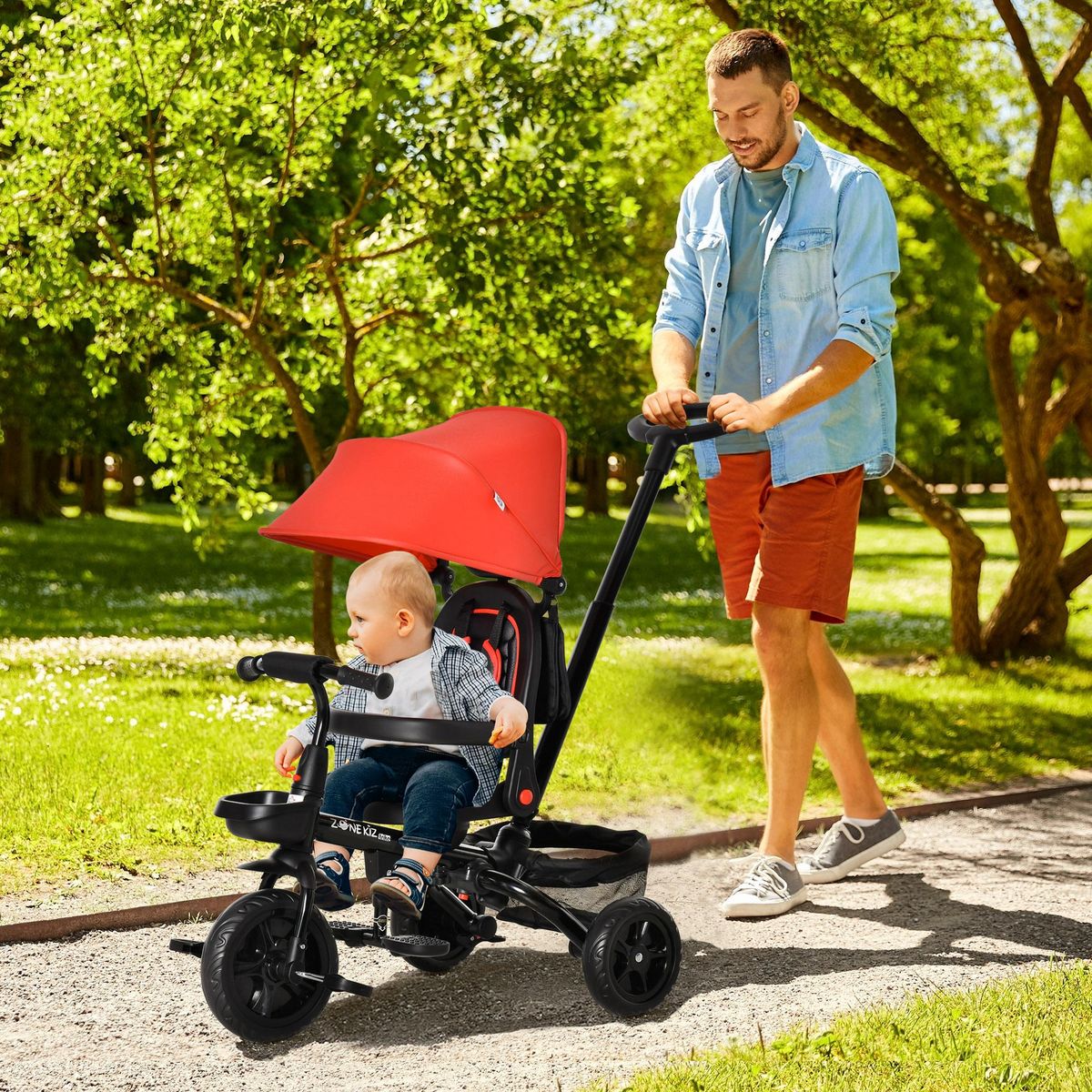 HOMCOM Tricycle enfant évolutif pliable 4 en 1 multifonction - pare-soleil, canne télescopique amovible - siège pivotant, harnais, arceau sécurité - 3 paniers rangement - métal PP rouge noir