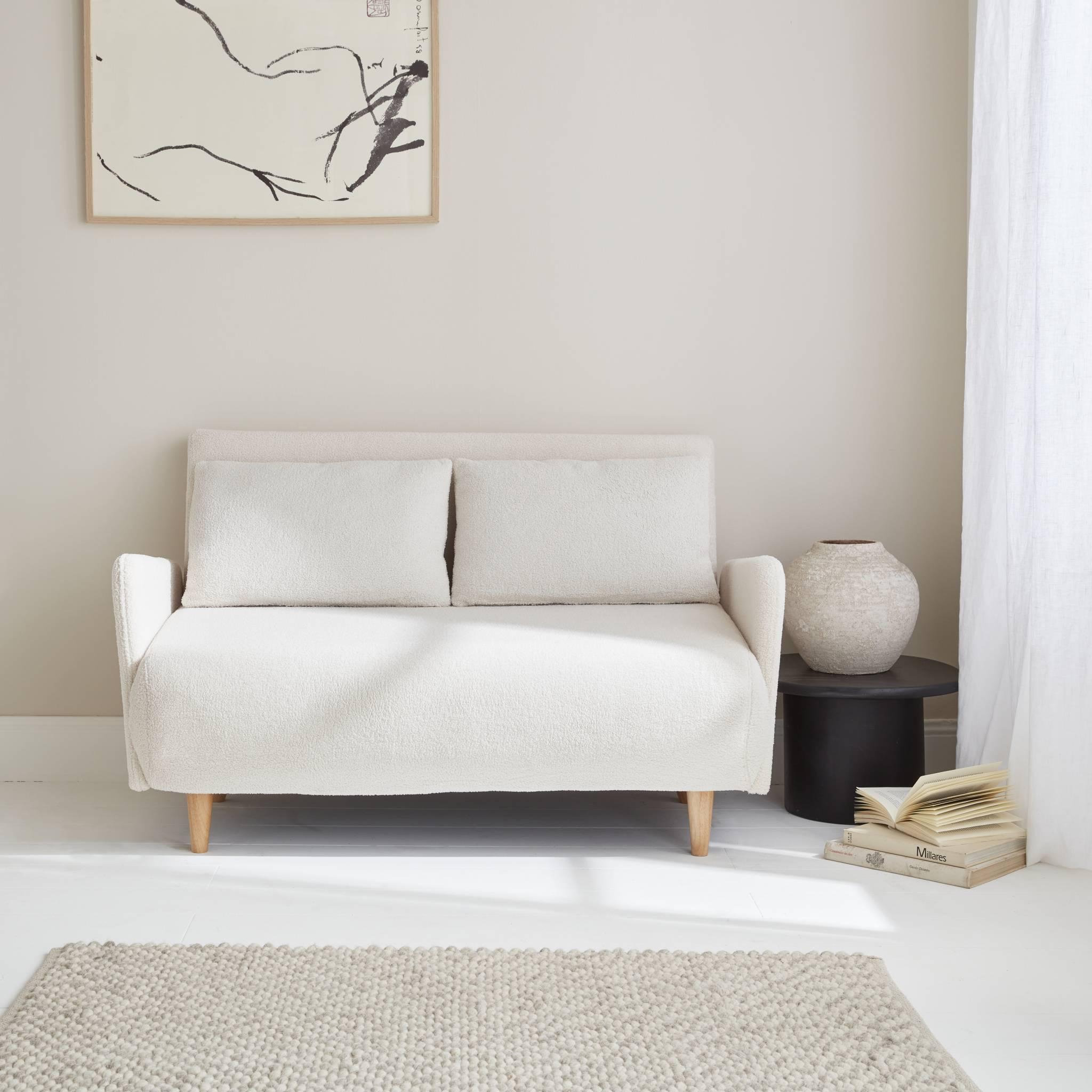 Voir la diapositive 2 : SWEEEK Canapé convertible 2 places scandinave - Panam - pieds bois. bouclettes blanches. banquette. dossier inclinable