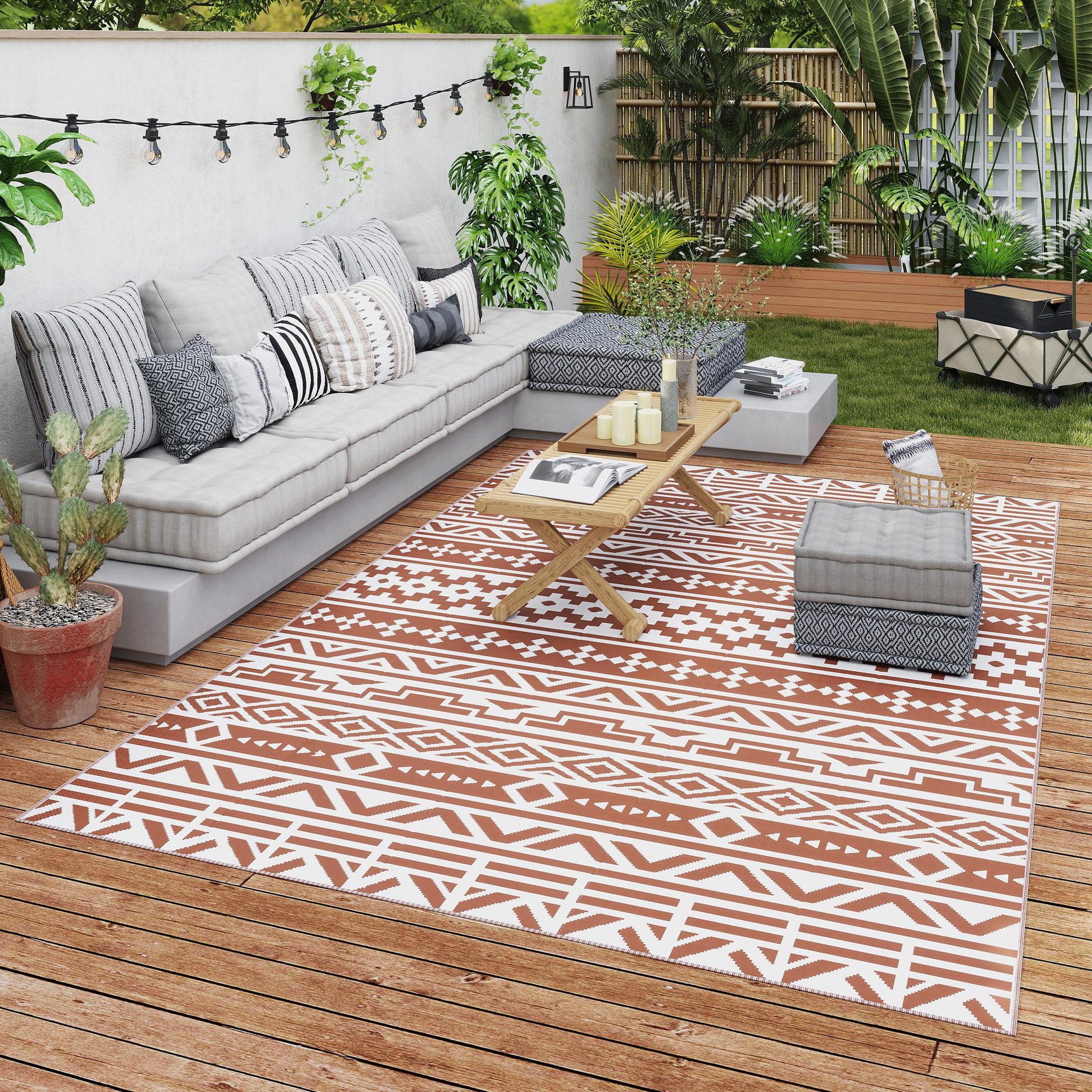 Voir la diapositive 2 : OUTSUNNY Tapis d'extérieur réversible motif graphique dim. 1,8 x 2,7 m sac transport inclus terracotta beige