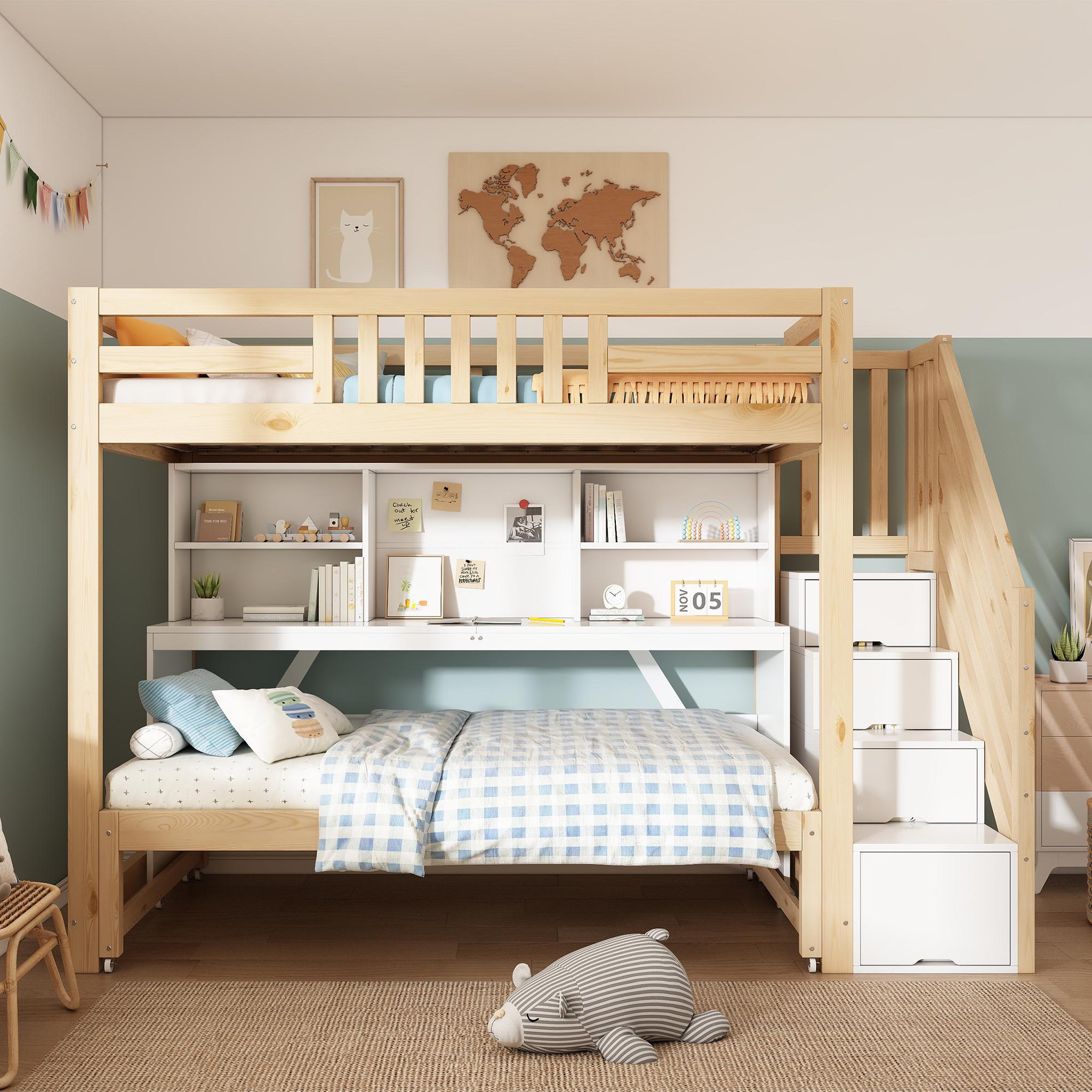 Voir la diapositive 2 : MERAX Lit superposé enfant 90x200+90x190 cm avec bureau coloris blanc et chêne