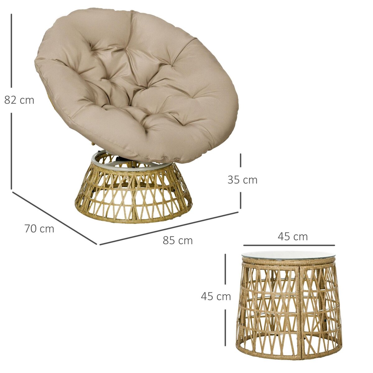 OUTSUNNY Ensemble salon de jardin 3 pièces - 2 fauteuils papasan, table basse - coussins taupe - résine tressée aspect rotin