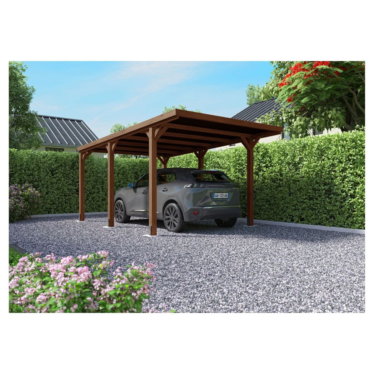 Forest Style Carport toit plat - Bois traité autoclave - 16,5 m² - VICTOR + Supports de fixation inclus