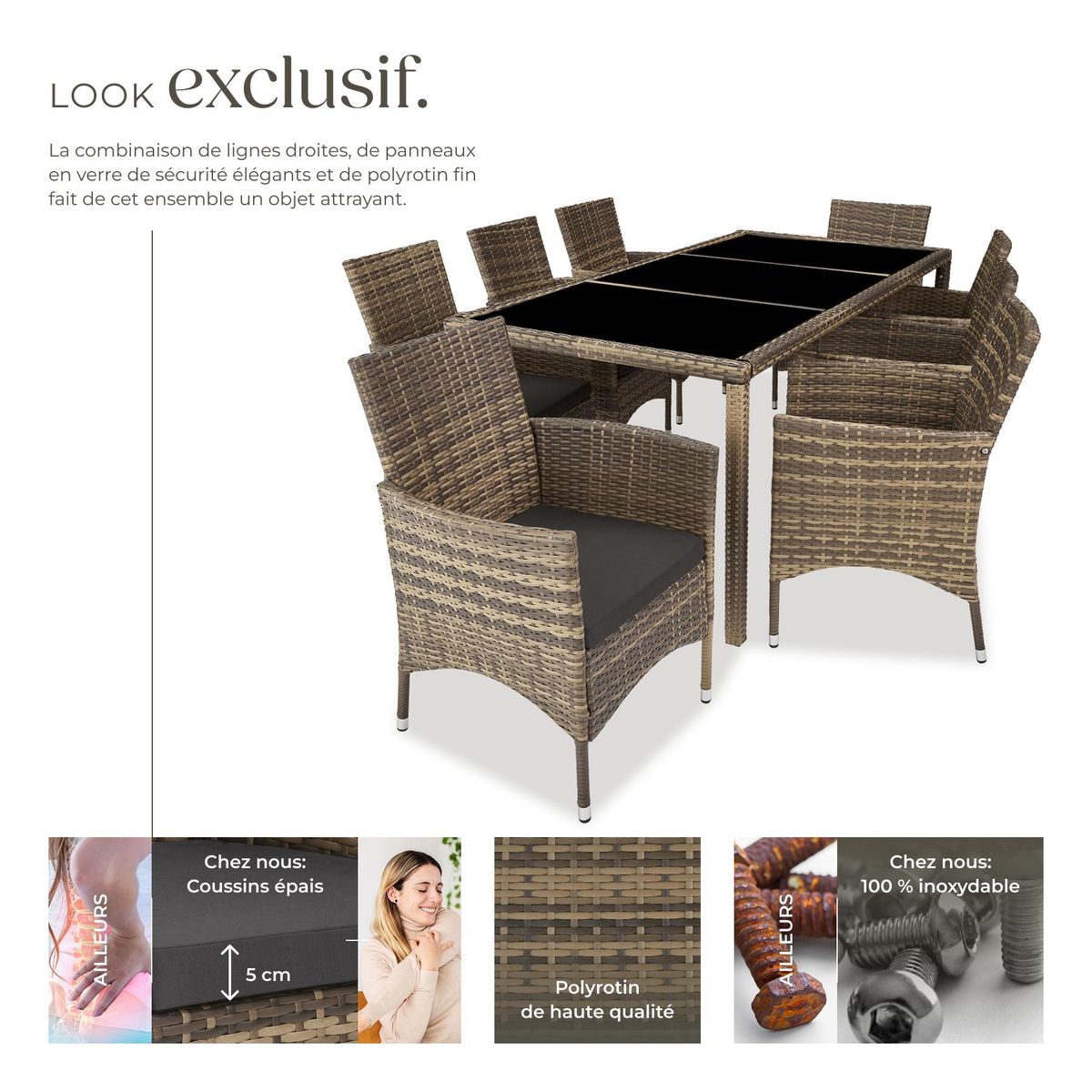 tectake Salon de jardin pour 8 personnes marron naturel/gris foncé