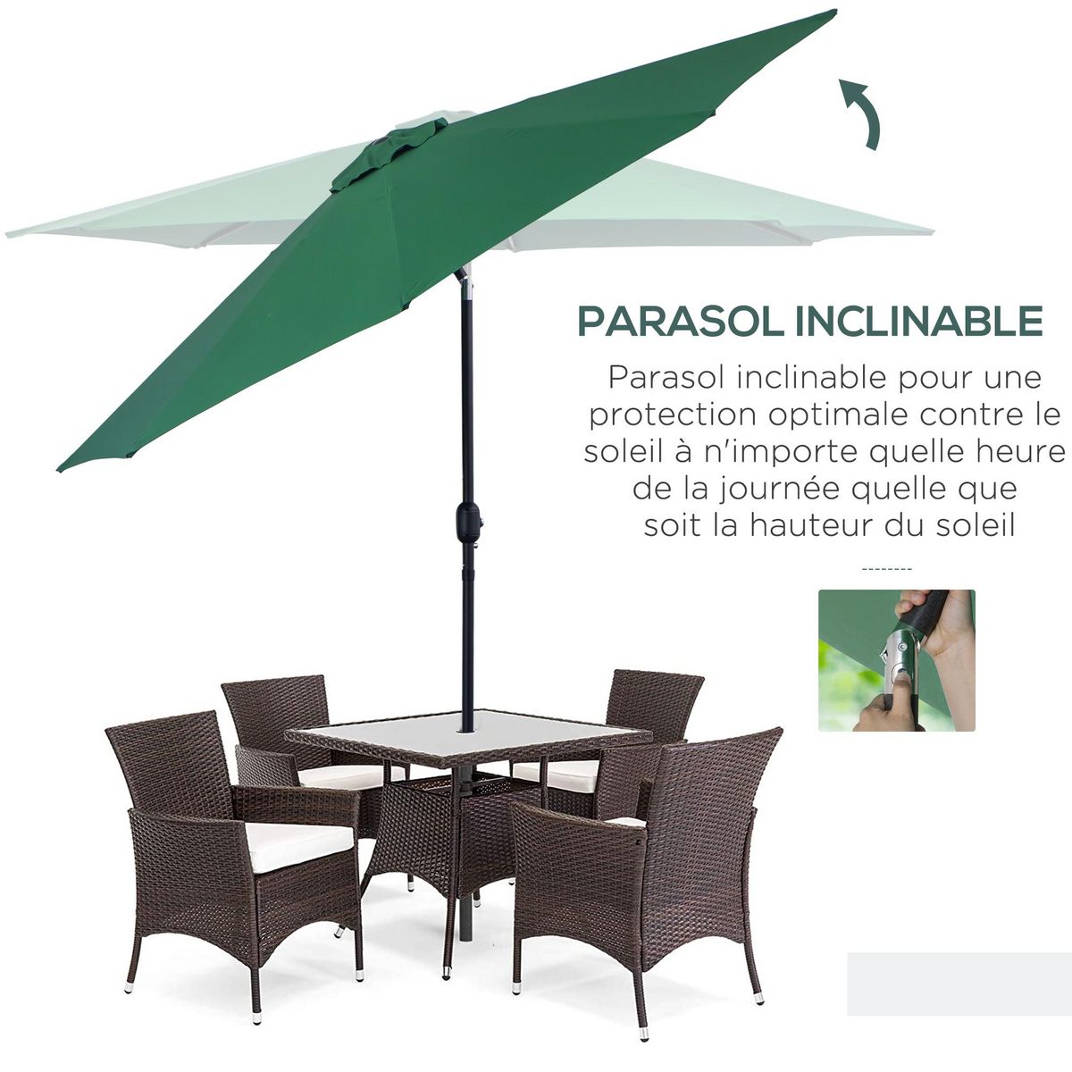 OUTSUNNY Parasol en métal rond polyester 180g/m² manivelle inclinable Ø 3 x 2,45 m vert