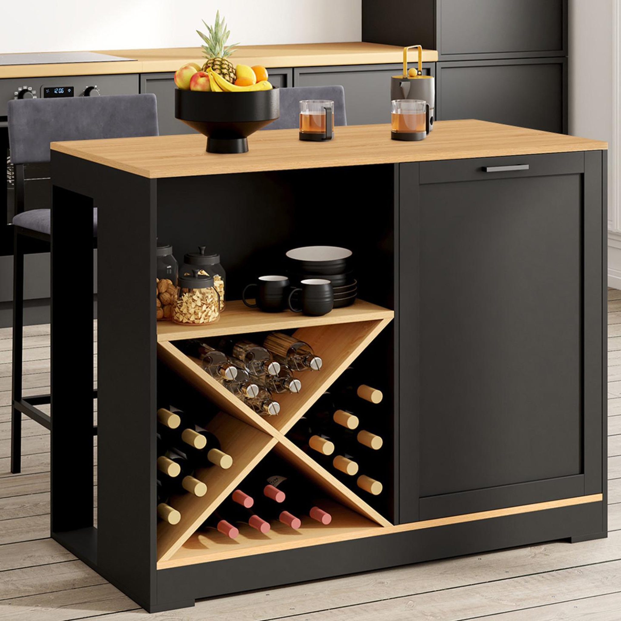 Voir la diapositive 2 : ID MARKET Table de bar îlot vito 113 cm avec range bouteilles bois noir et plateau façon hêtre