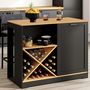 Voir la diapositive 2 : ID MARKET Table de bar îlot VITO 113 cm avec range bouteilles bois noir et plateau façon hêtre