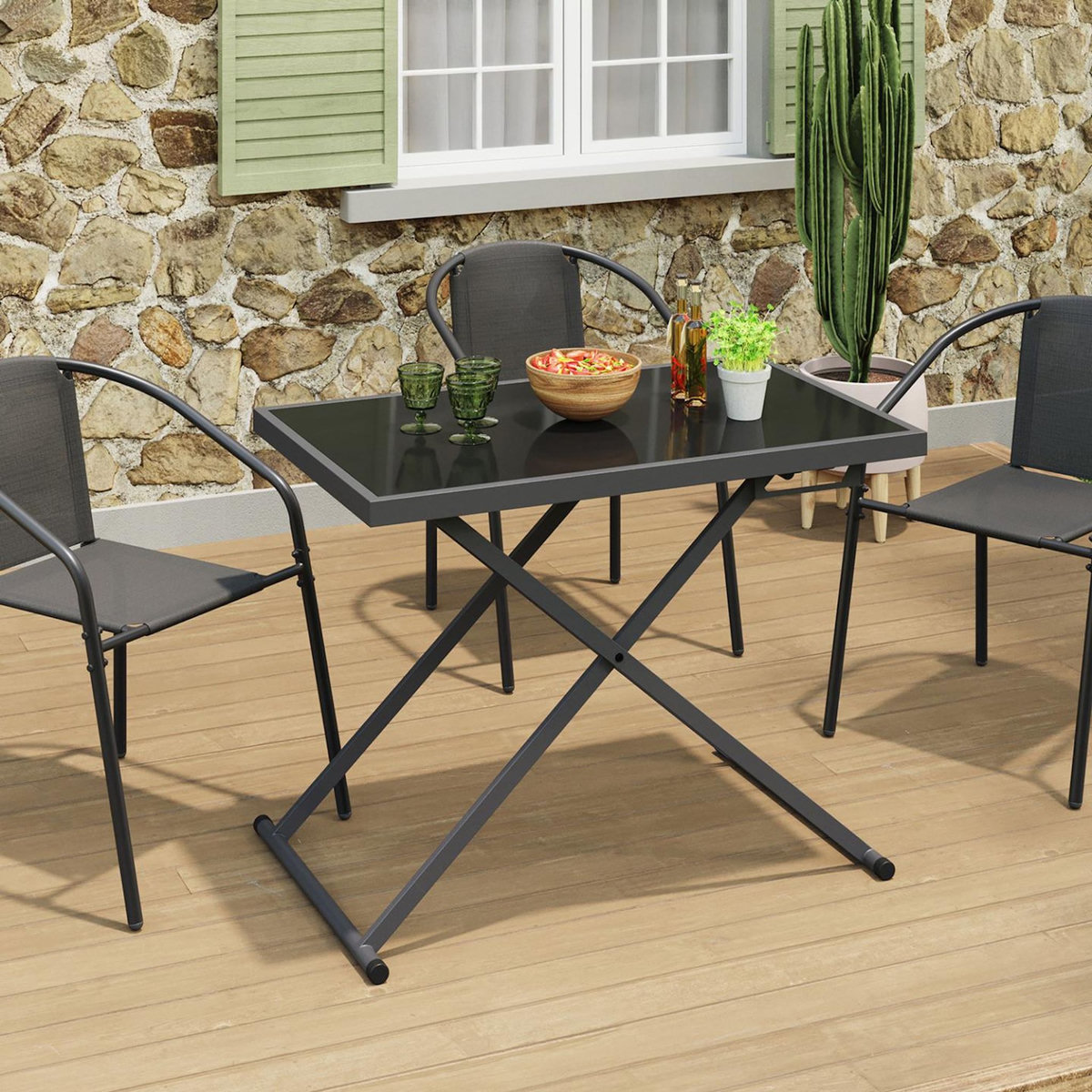ID MARKET Table de jardin relevable rectangulaire 100 cm OLIE en métal gris anthracite et plateau gris