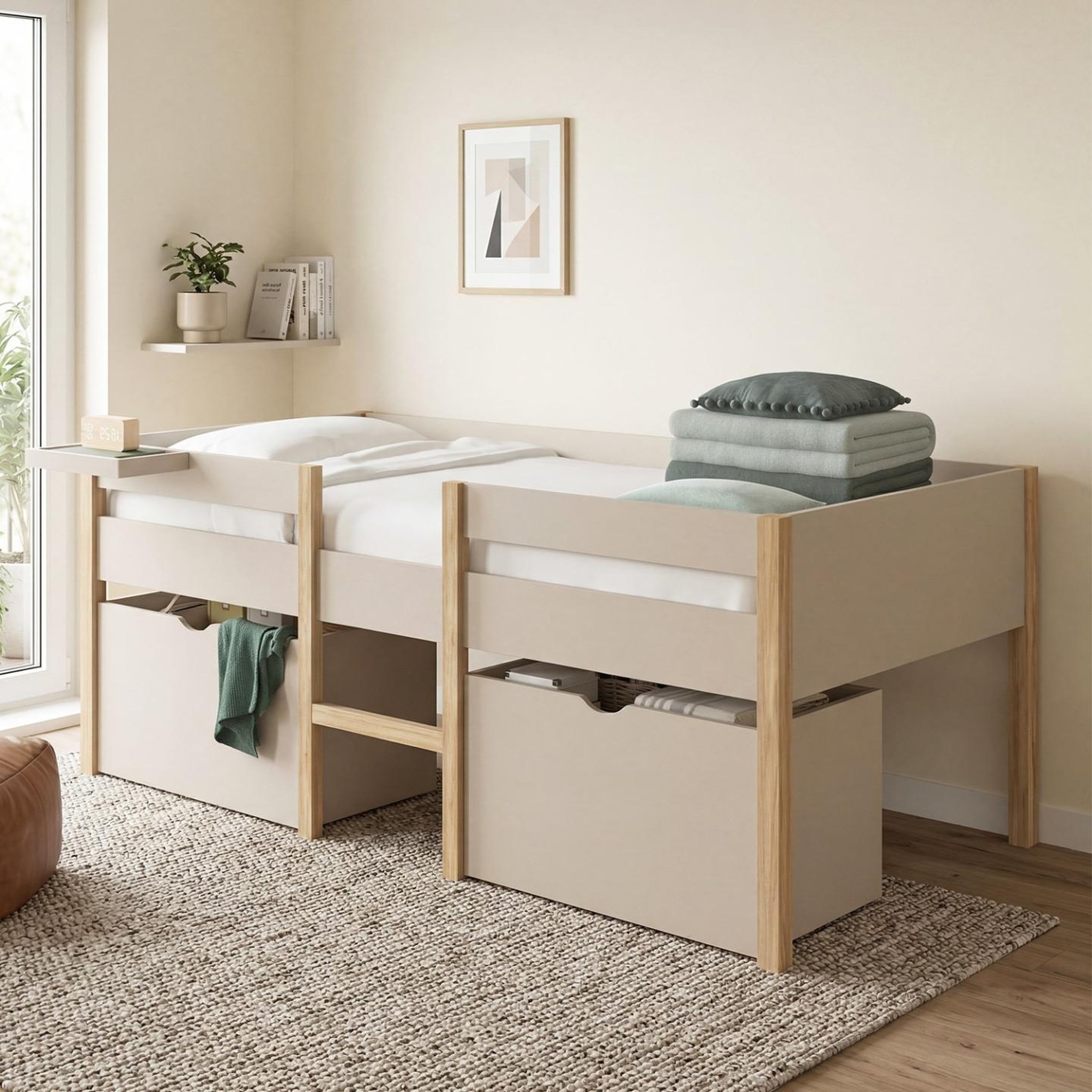 Voir la diapositive 2 : ID MARKET Lit simple surélevé mi-hauteur 90 x 190 cm SERVANE avec sommier, barrières, 2 tiroirs de rangement et tablette beige et bois