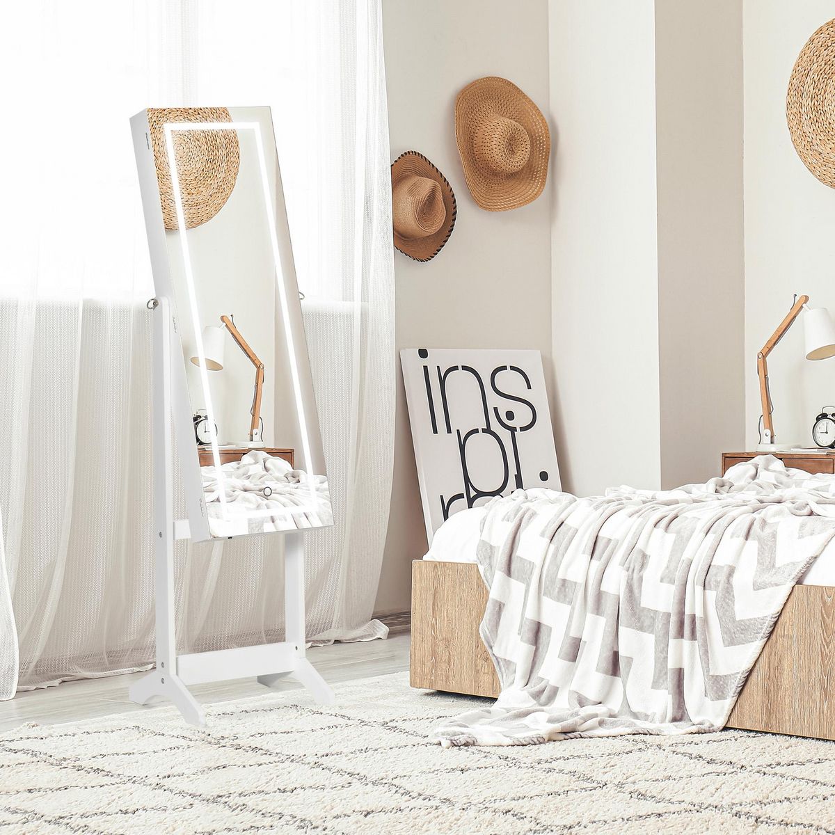 HOMCOM Armoire à bijoux sur pied multi-rangement avec miroir LED MDF blanc