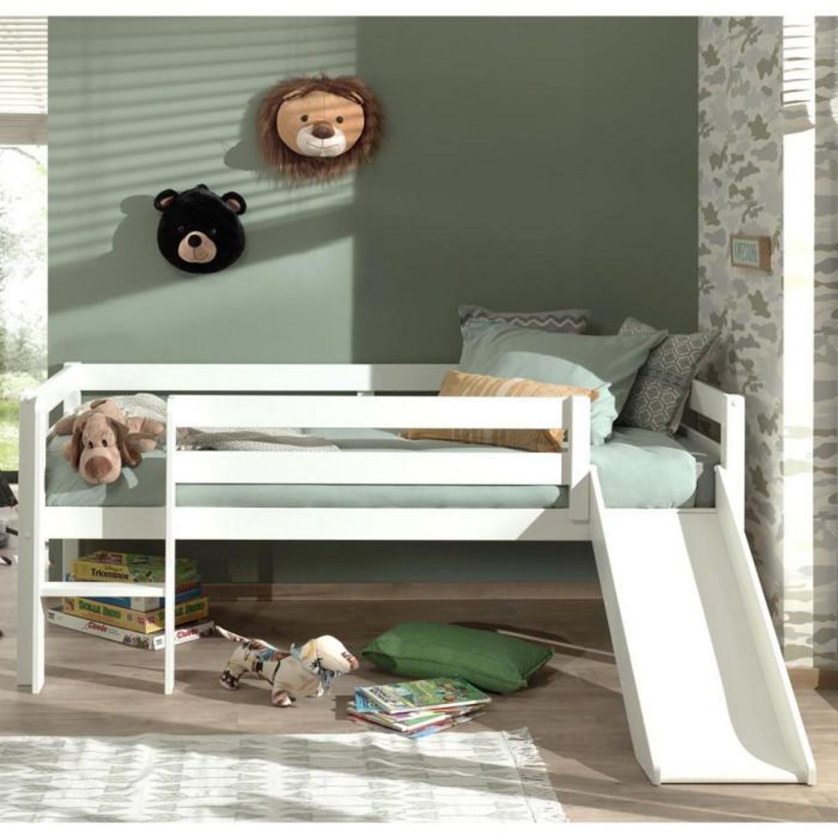 Paris Prix Lit Enfant Surélevé & Toboggan  Pino  90x200cm Blanc