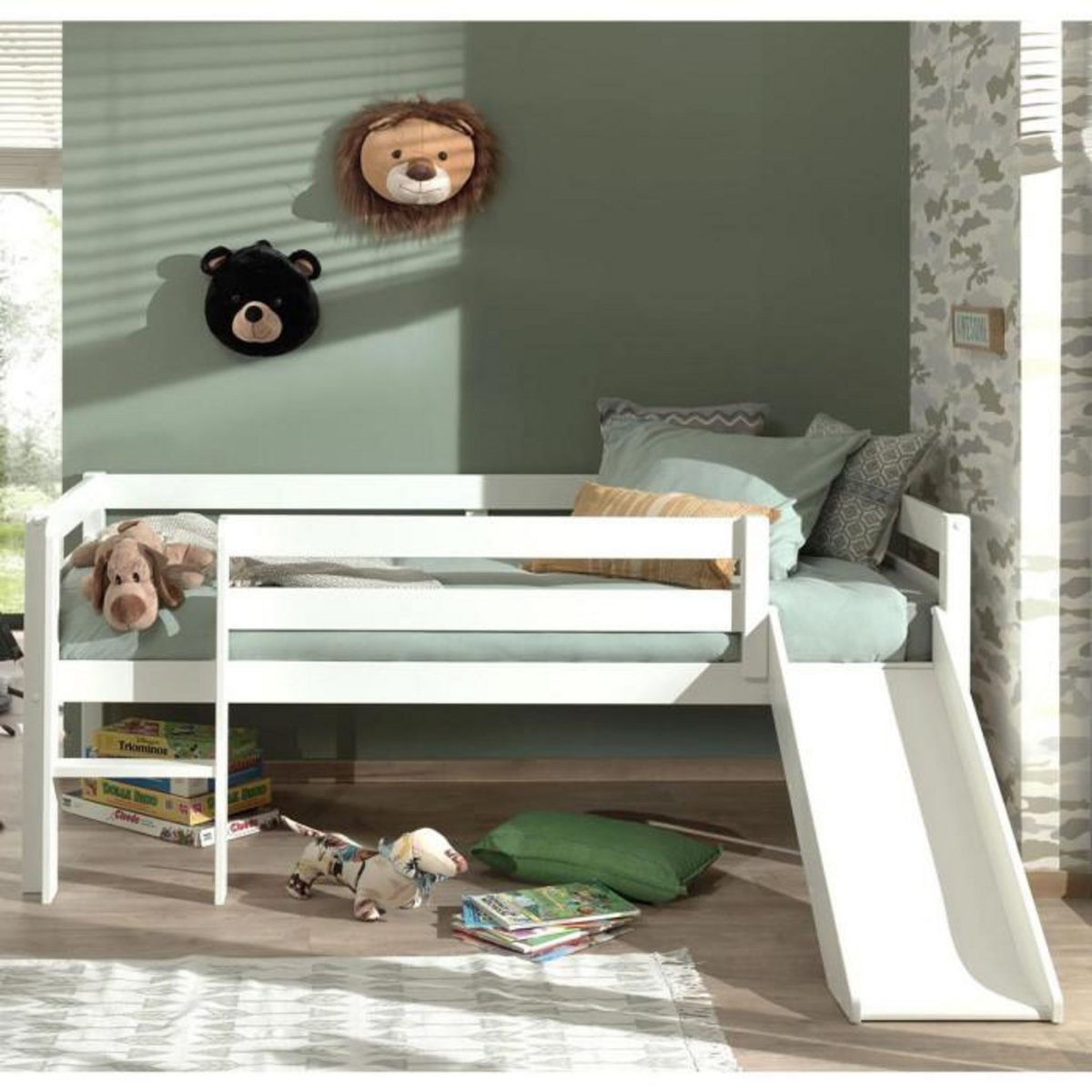 Paris Prix Lit Enfant Surélevé & Toboggan  Pino  90x200cm Blanc