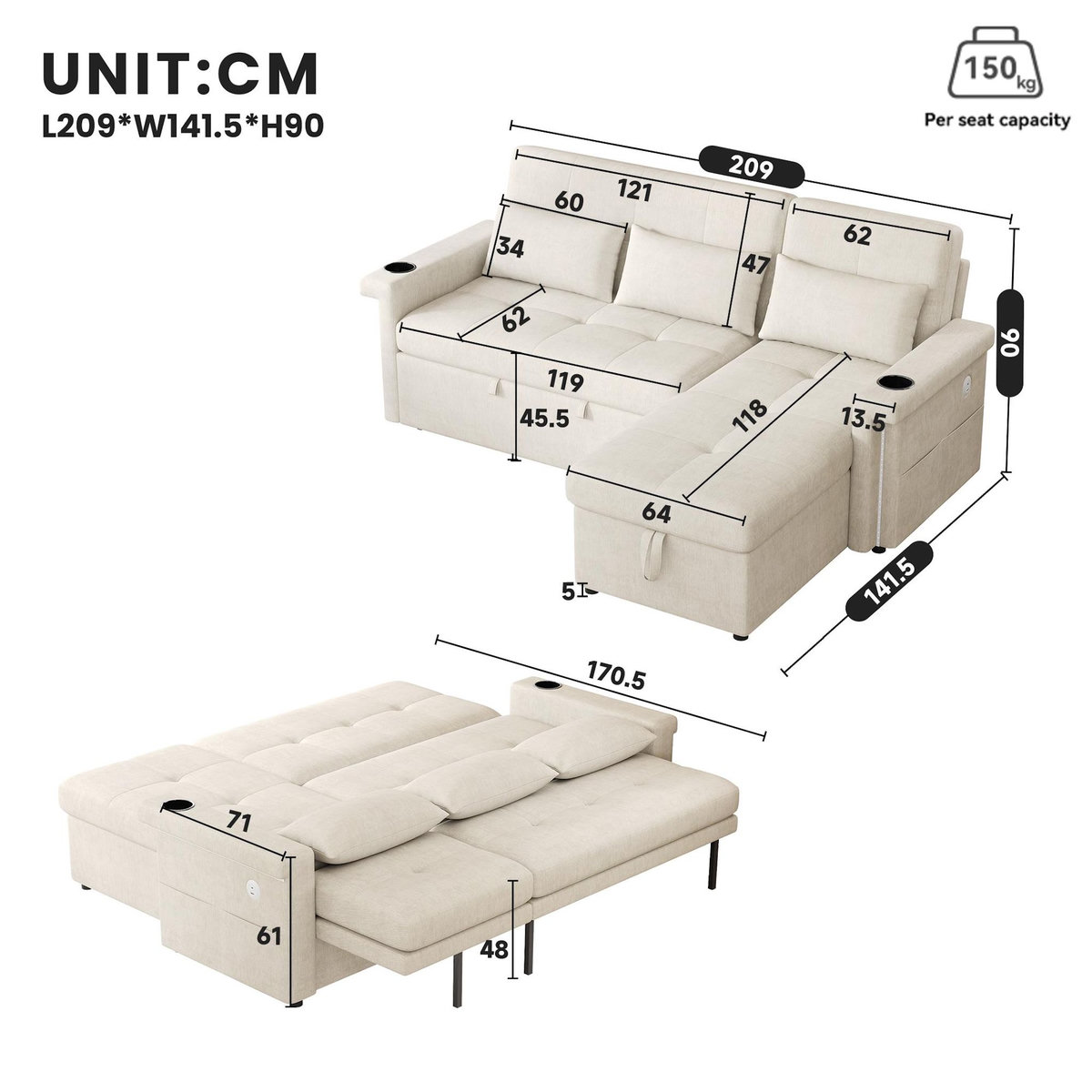 MERAX Canapé d'angle réversible convertible 3 places tissu led coffre de rangement