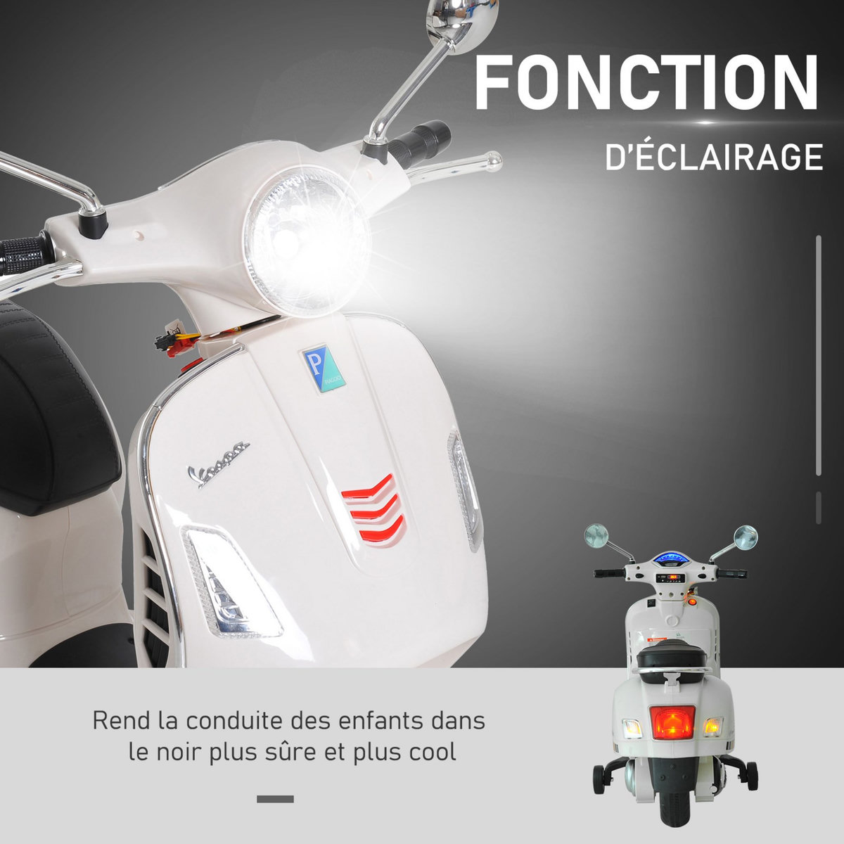 HOMCOM Scooter moto électrique enfants 6 V dim. 102L x 51l x 76H cm musique MP3 port USB klaxon phare feu AR blanc Vespa