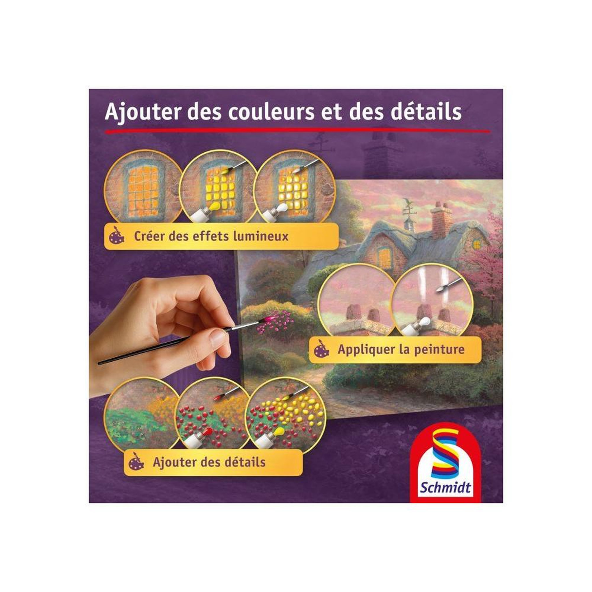 Voir la diapositive 2 : Schmidt Spiele Coffret peinture diy premium my artnoble thomas kinkade rosebud cottage, toile imprimée 50 x 40 cm, 8 peintures acryliques, pinceau rond et guide pas à pas