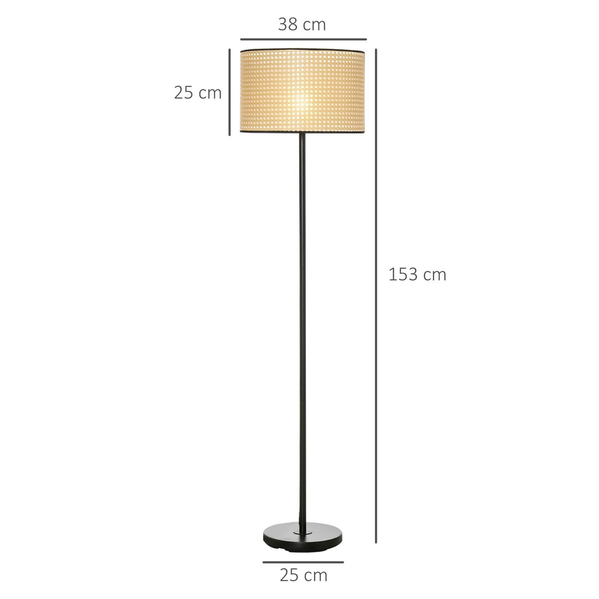 HOMCOM Lampadaire cannage style cosy 40 W max. H.153 cm piètement mât noir abat-jour cannage