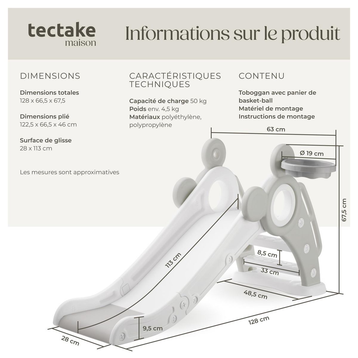 tectake Toboggan pour enfants à partir de 2 ans gris