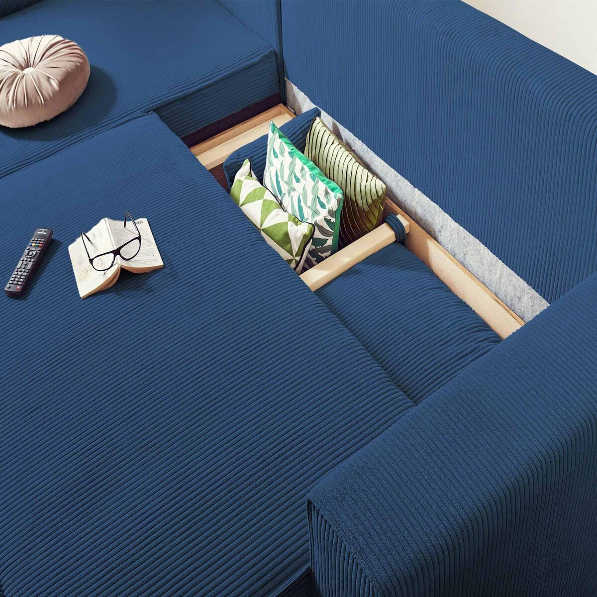 BEST MOBILIER Dellia - canapé d'angle réversible convertible - avec coffre - en velours côtelé - 4 places