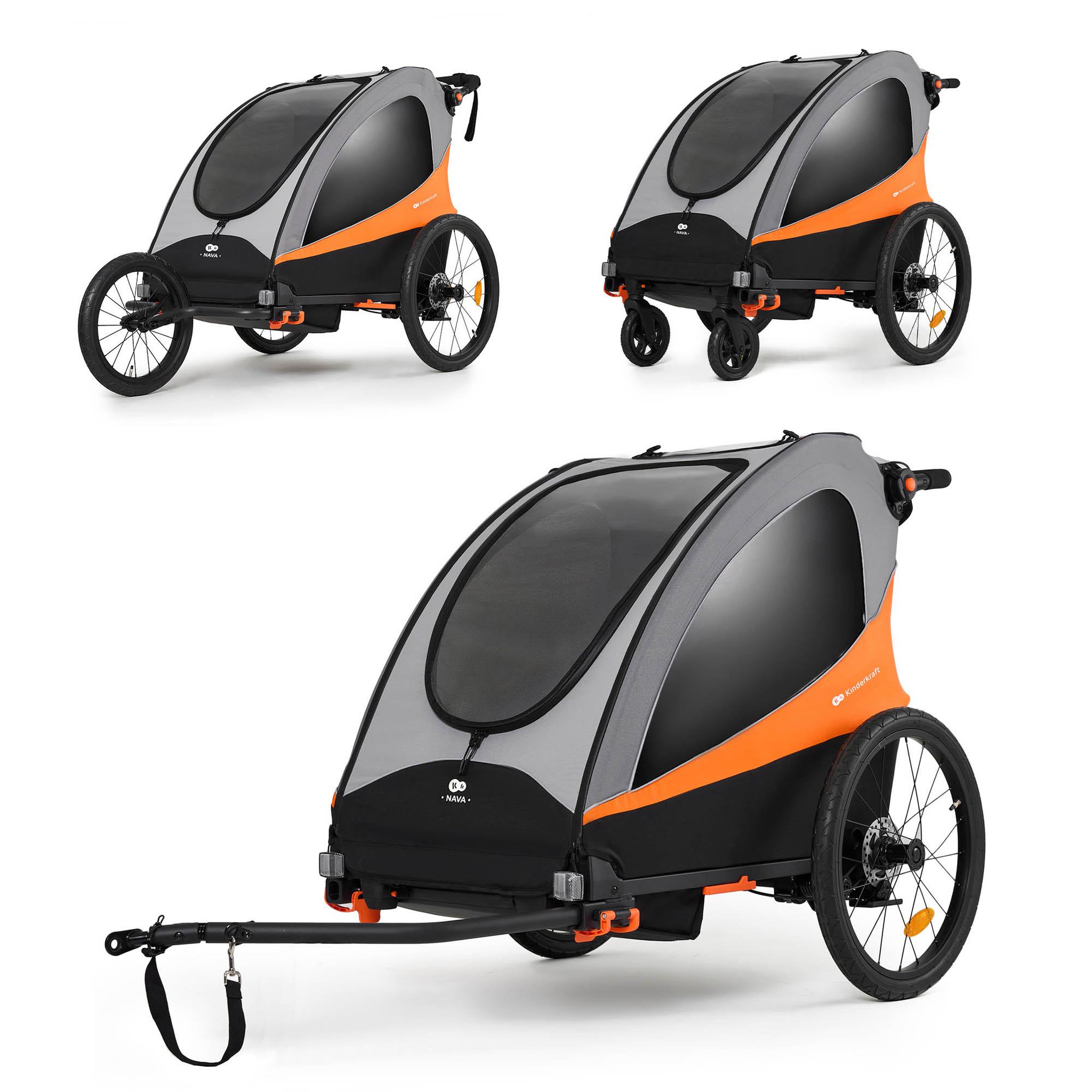 KINDERKRAFT Remorque vélo enfant 3 en 1 convertible. Coloris disponibles : Bleu, Orange