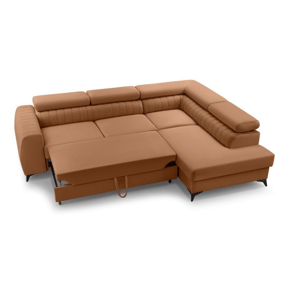 BEST MOBILIER Aneta - canapé d'angle droit 5 places - convertible avec coffre et têtières - en velours