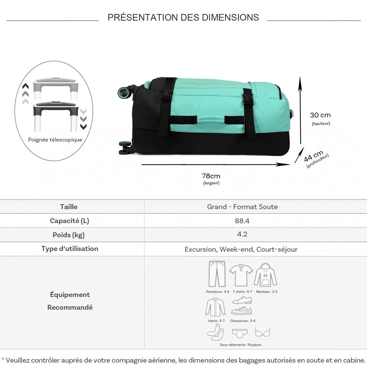 David Jones Sac de voyage à roulettes 88L simple compartiment 78cm