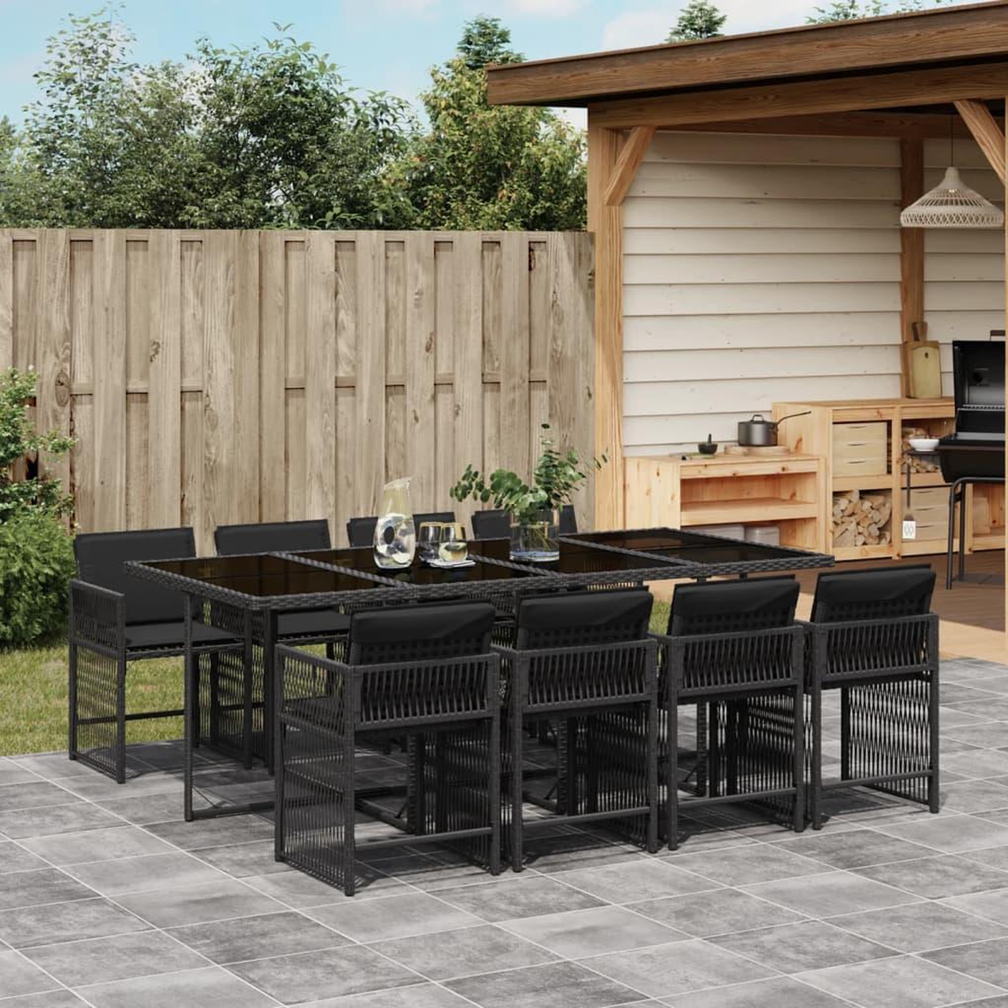 VIDAXL Ensemble a manger de jardin 9pcs coussins noir resine tressee