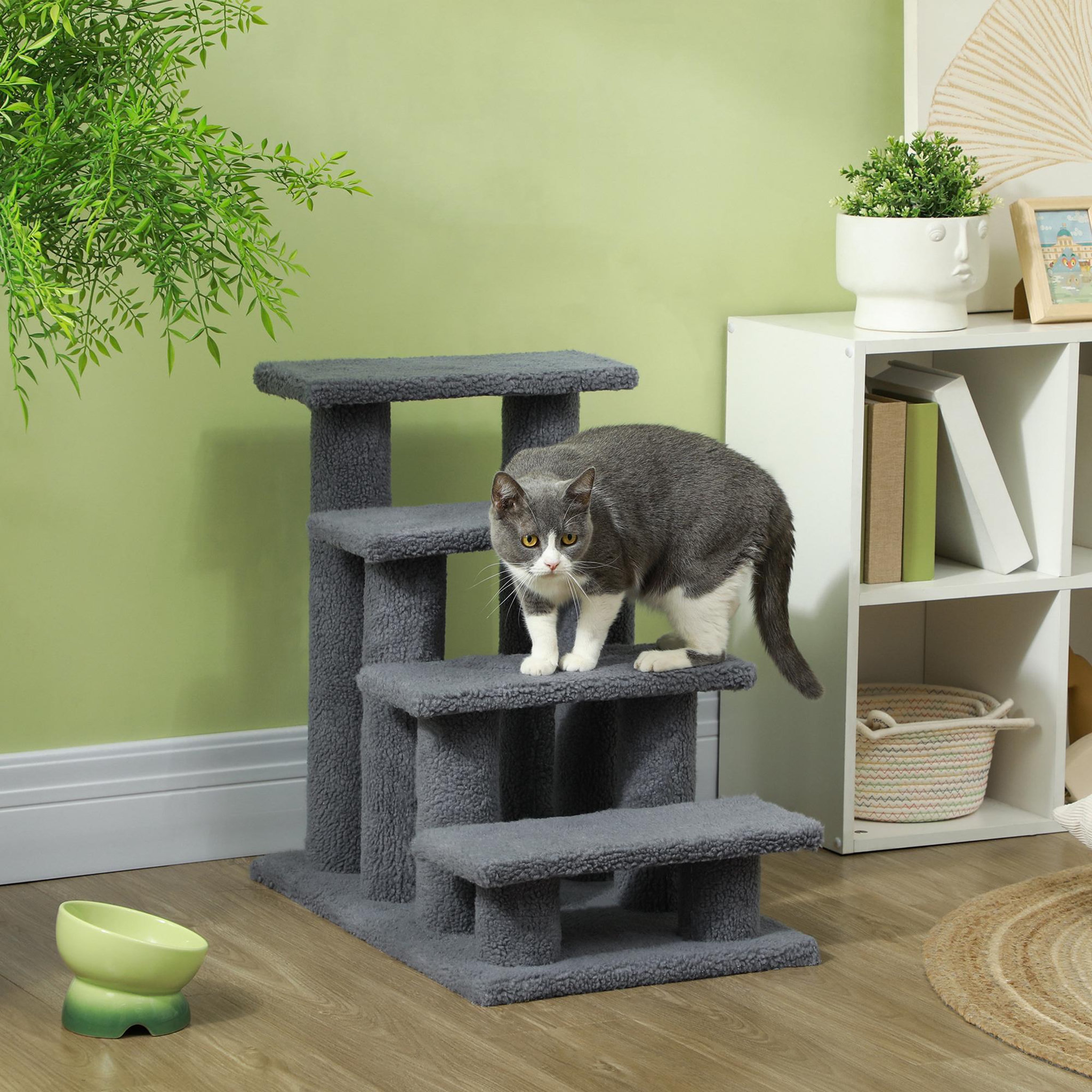 Voir la diapositive 2 : PAWHUT Escalier pour chat - escalier pour chien - 4 marches - revêtement flanelle grande douceur haute densité - structure panneaux particules - gris