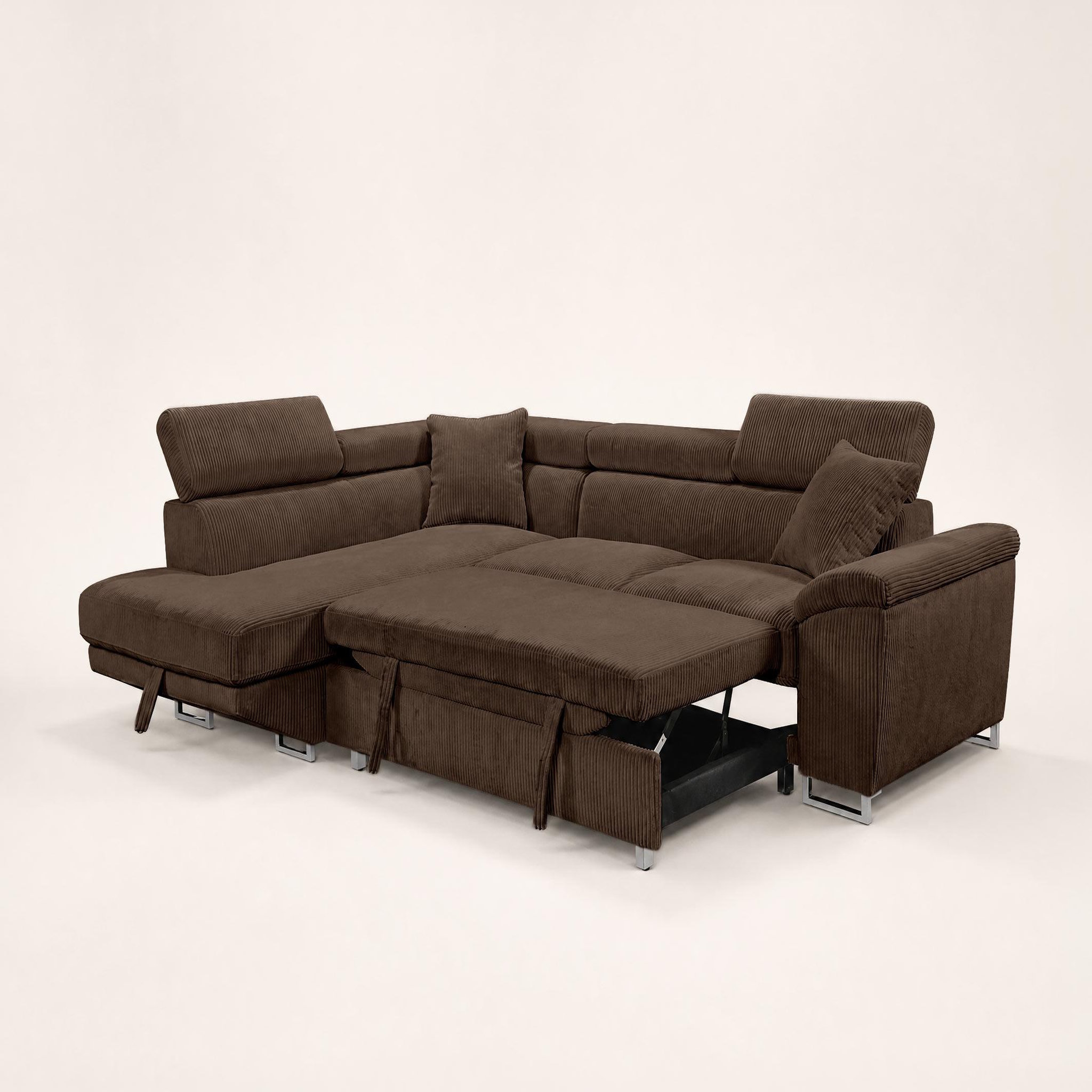 Voir la diapositive 6 : BEST MOBILIER Baoji - canapé d'angle gauche 5 places convertible avec têtières et coffre en velours côtelé