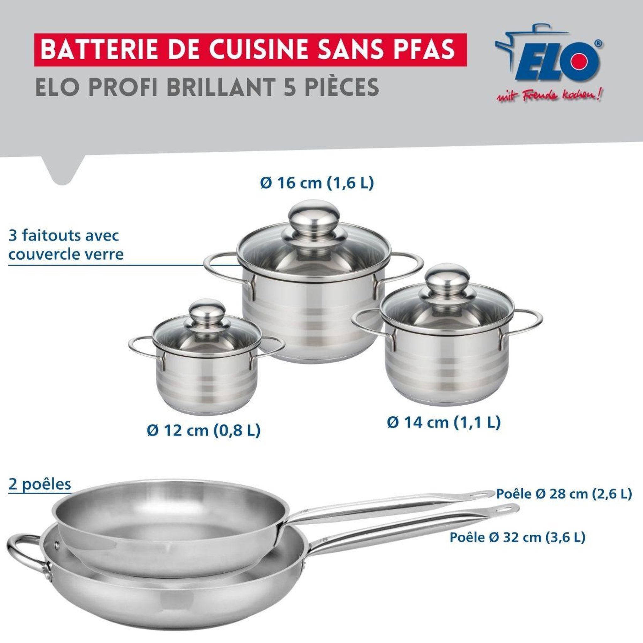 Voir la diapositive 2 : ELO Ensemble de 2 poêles de cuisson 28 et 32 cm et 3 faitouts 12, 14 et 16 cm elo profi brillant
