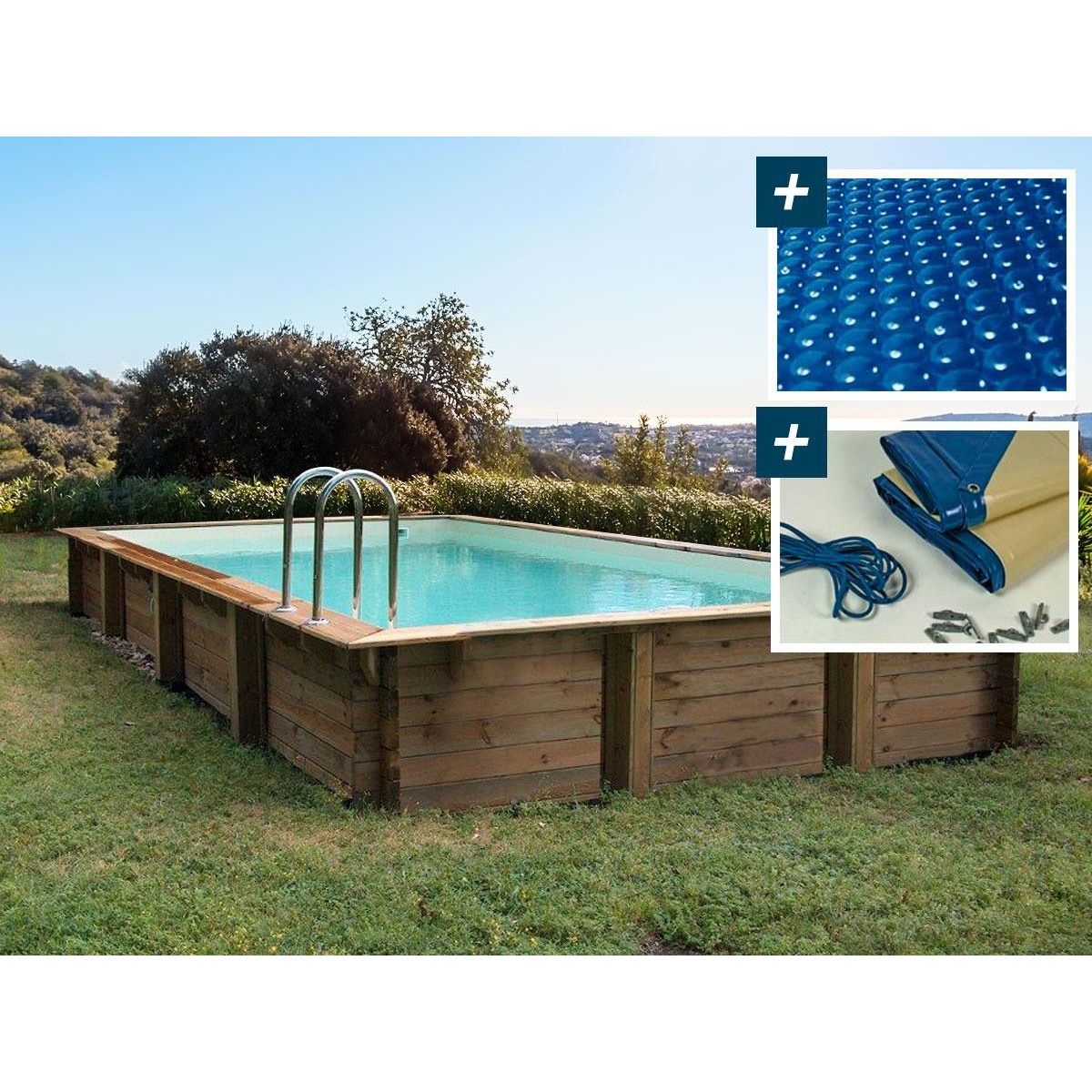 Habitat et Jardin Piscine bois en kit rectangle  Oceano   - 9.20 x 5.20 x 1.44 m - Bâche à bulles  400 µ - Bâche hiver  280 g/m²