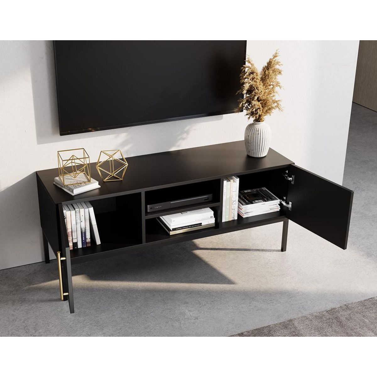 BEST MOBILIER Felicia - meuble tv - noir - 2 portes et 2 niches - 120 cm