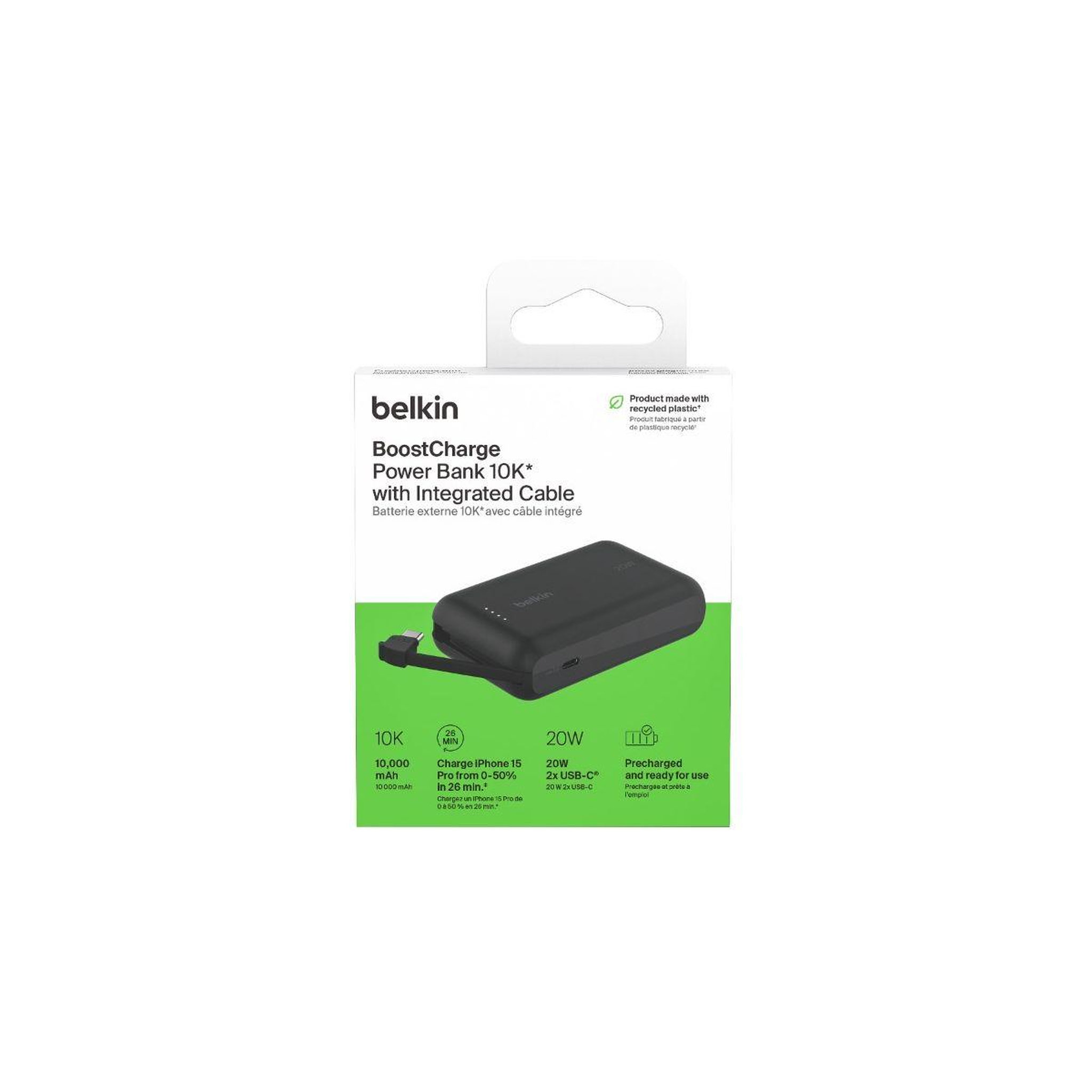 Voir la diapositive 2 : Belkin Batterie externe 10000 mah avec cable usb-c intégre noir