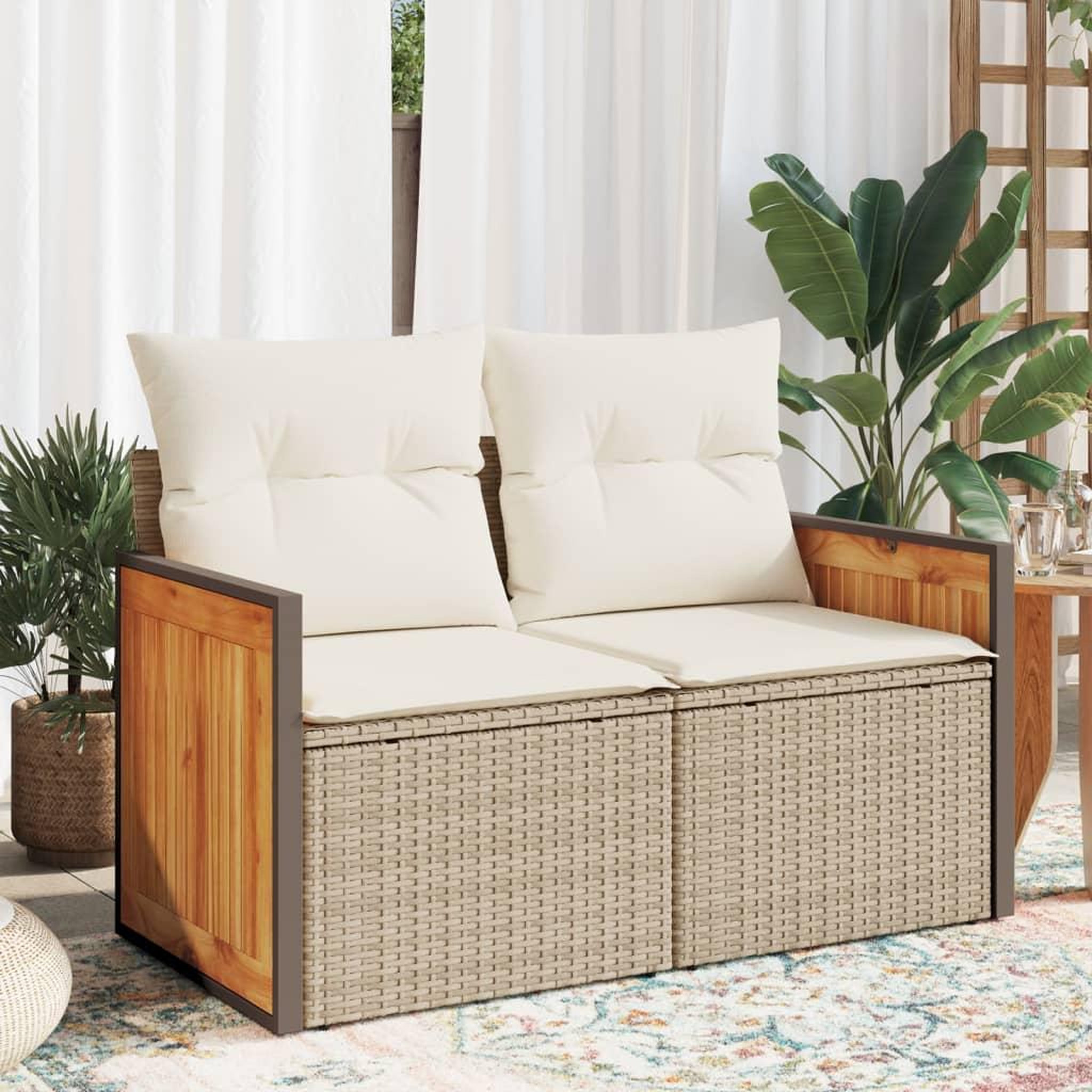 Voir la diapositive 1 : VIDAXL Canape de jardin avec coussins 2 places beige resine tressee
