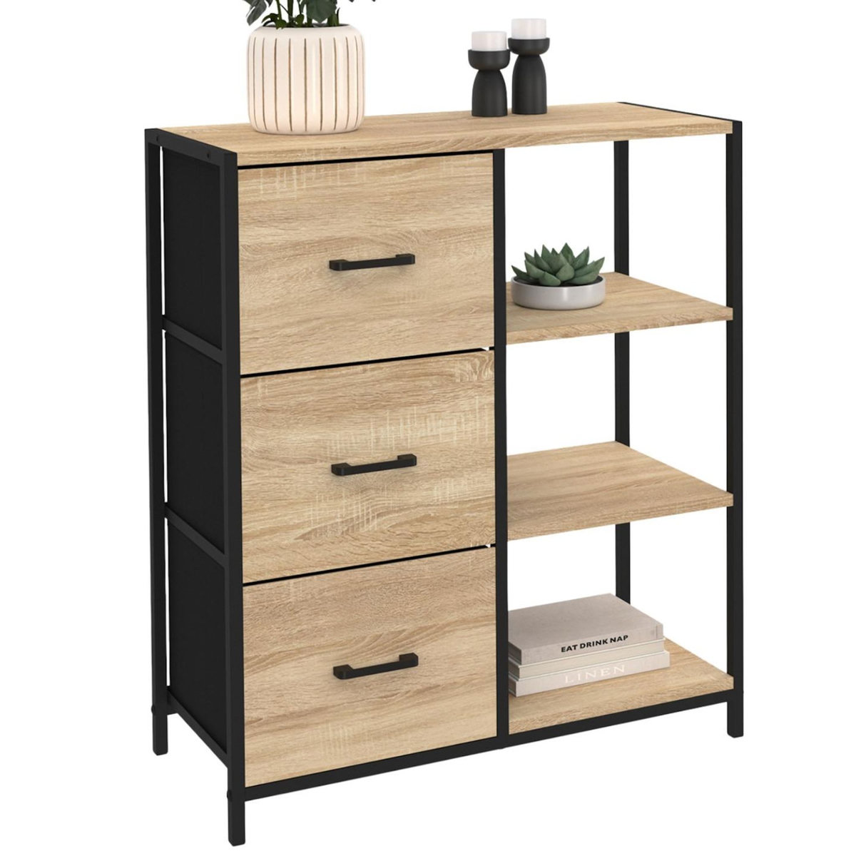 ID MARKET Buffet d'appoint 3 tiroirs et étagères 70 cm UTAH design industriel