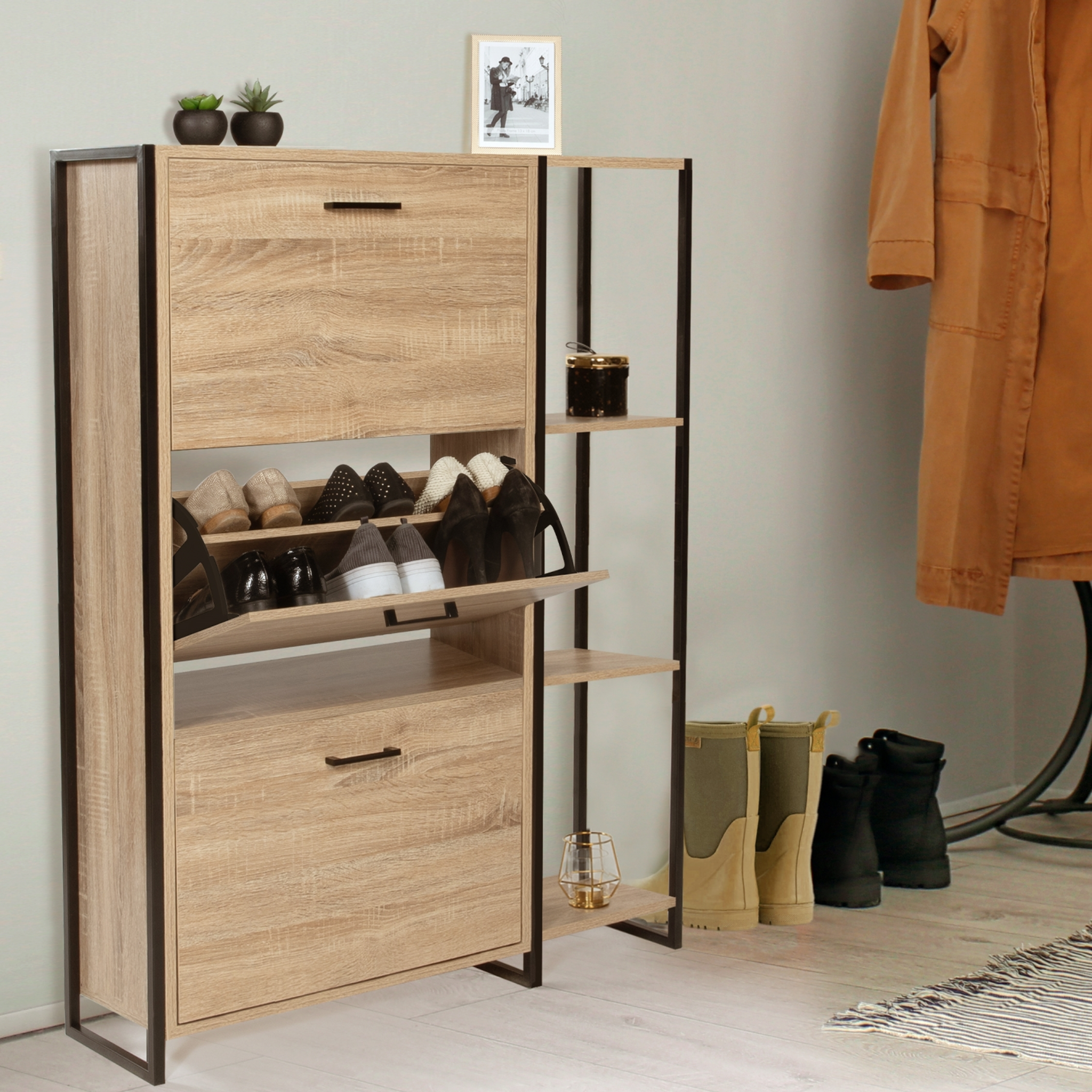 Voir la diapositive 2 : ID MARKET Meuble à chaussures 18 paires luis 3 portes avec étagère design industriel
