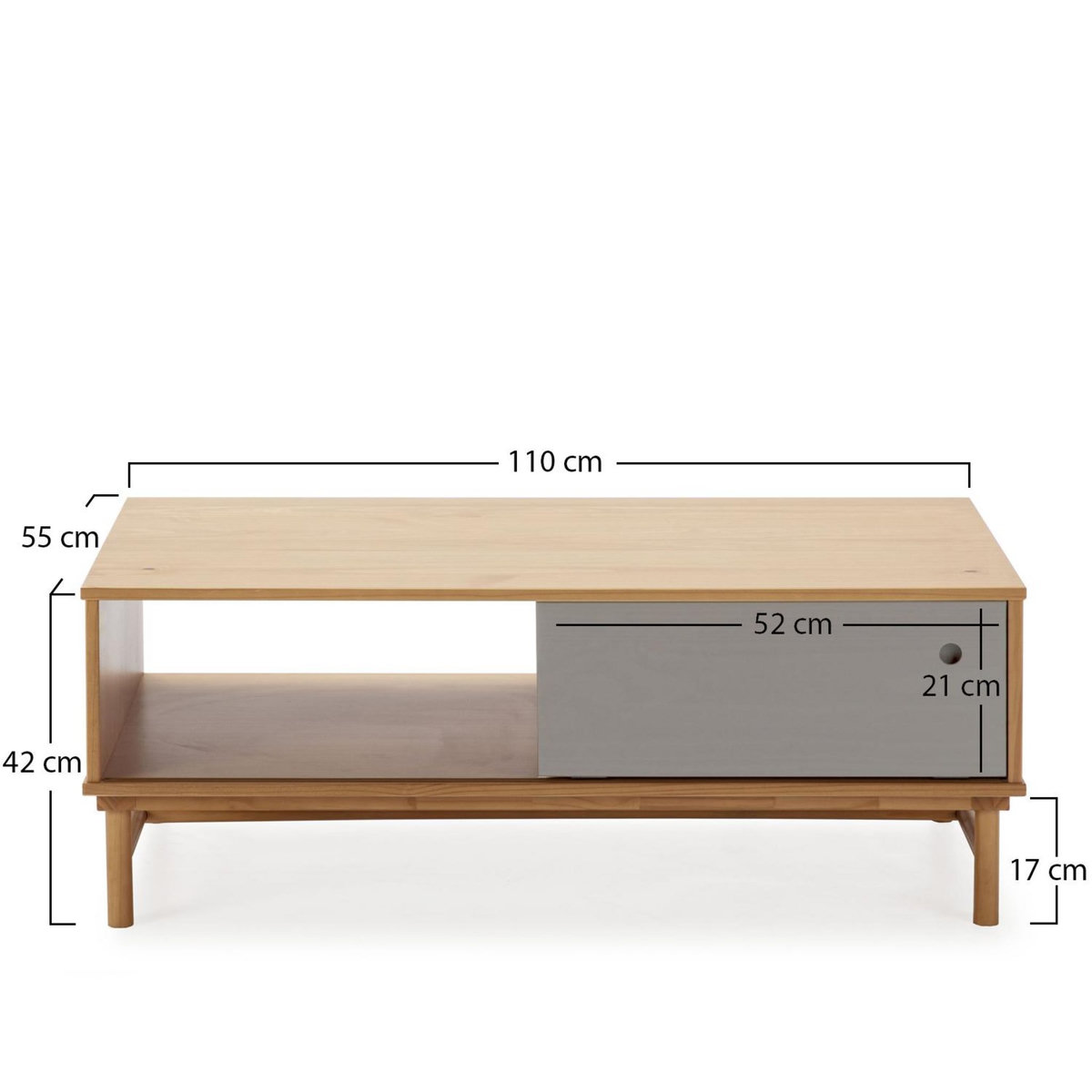 VS VENTA-STOCK Table Basse Magnus 1 Porte Coulissante et 1 Creux, Bois Massif, Longueur 110 cm