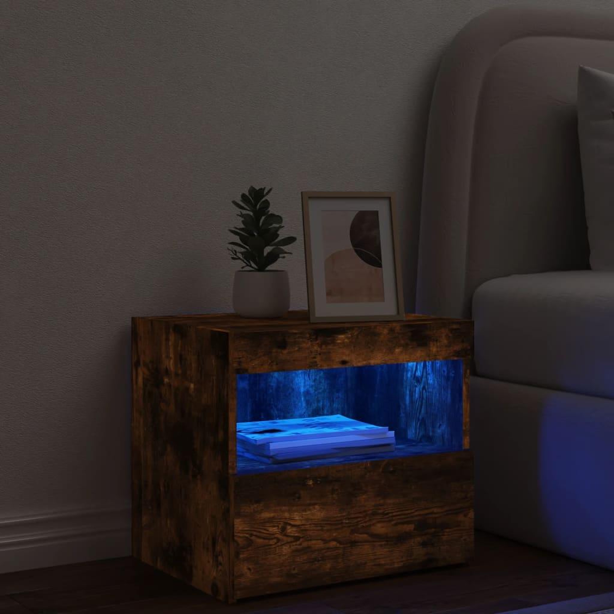 Voir la diapositive 4 : VIDAXL Table de chevet avec lumieres LED chene fume 50x40x45 cm