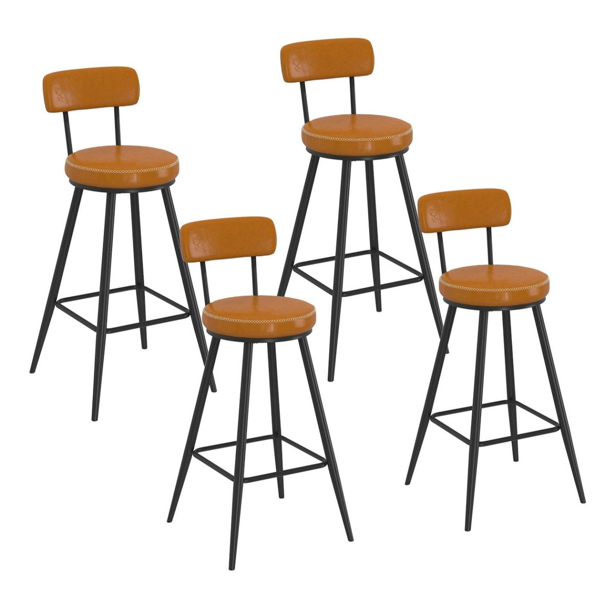 ID MARKET Lot de 4 tabourets de bar ISAURE PU marron avec coutures et pieds métal noir